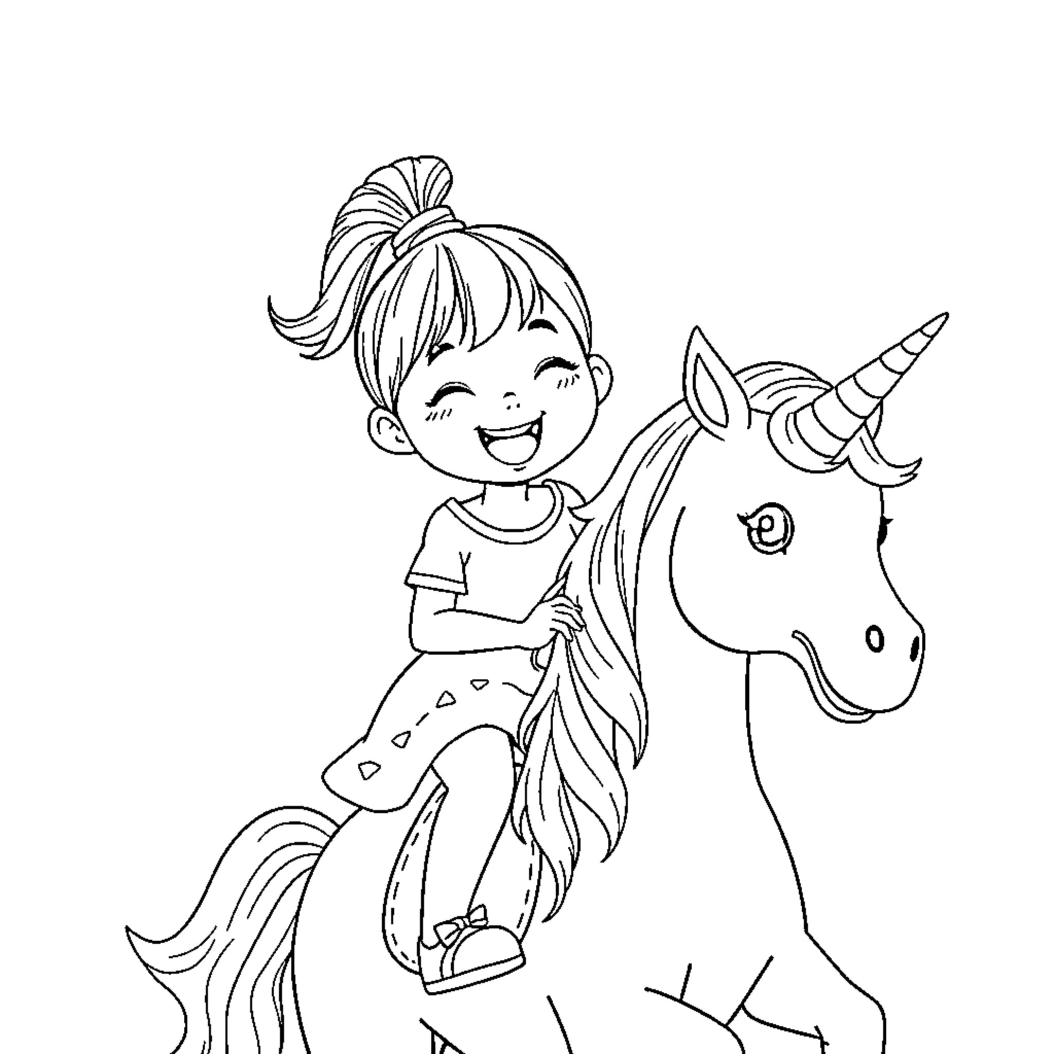 Girl delighted to be with her unicorn companion Coloring Page (free black-and-white line drawing printable PDF for all, from beginners to advanced learners, including children, teens, adults, and seniors)
