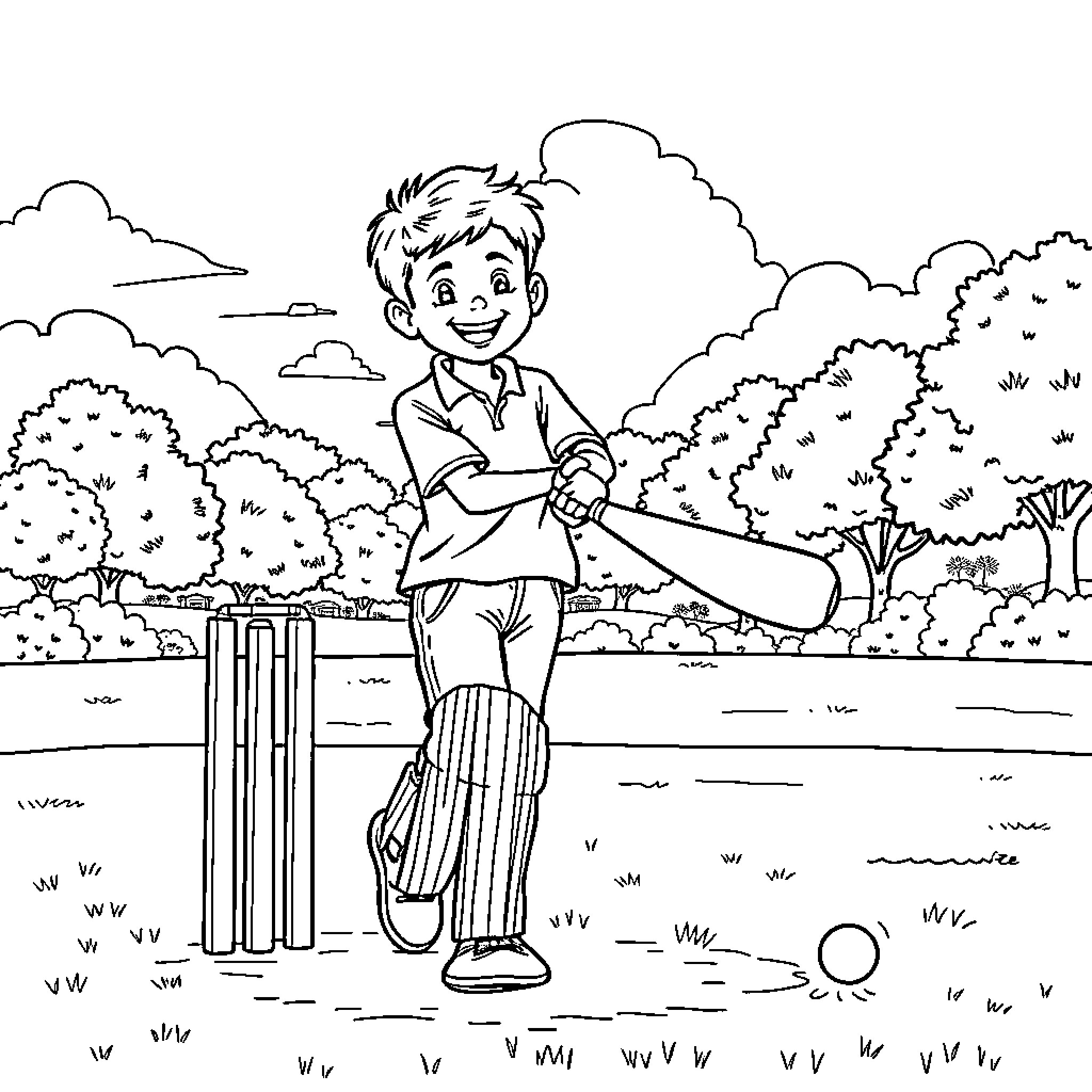 Boy playing cricket in a lush outdoor scene Coloring Page (free black-and-white line drawing printable PDF for all, from beginners to advanced learners, including children, teens, adults, and seniors)