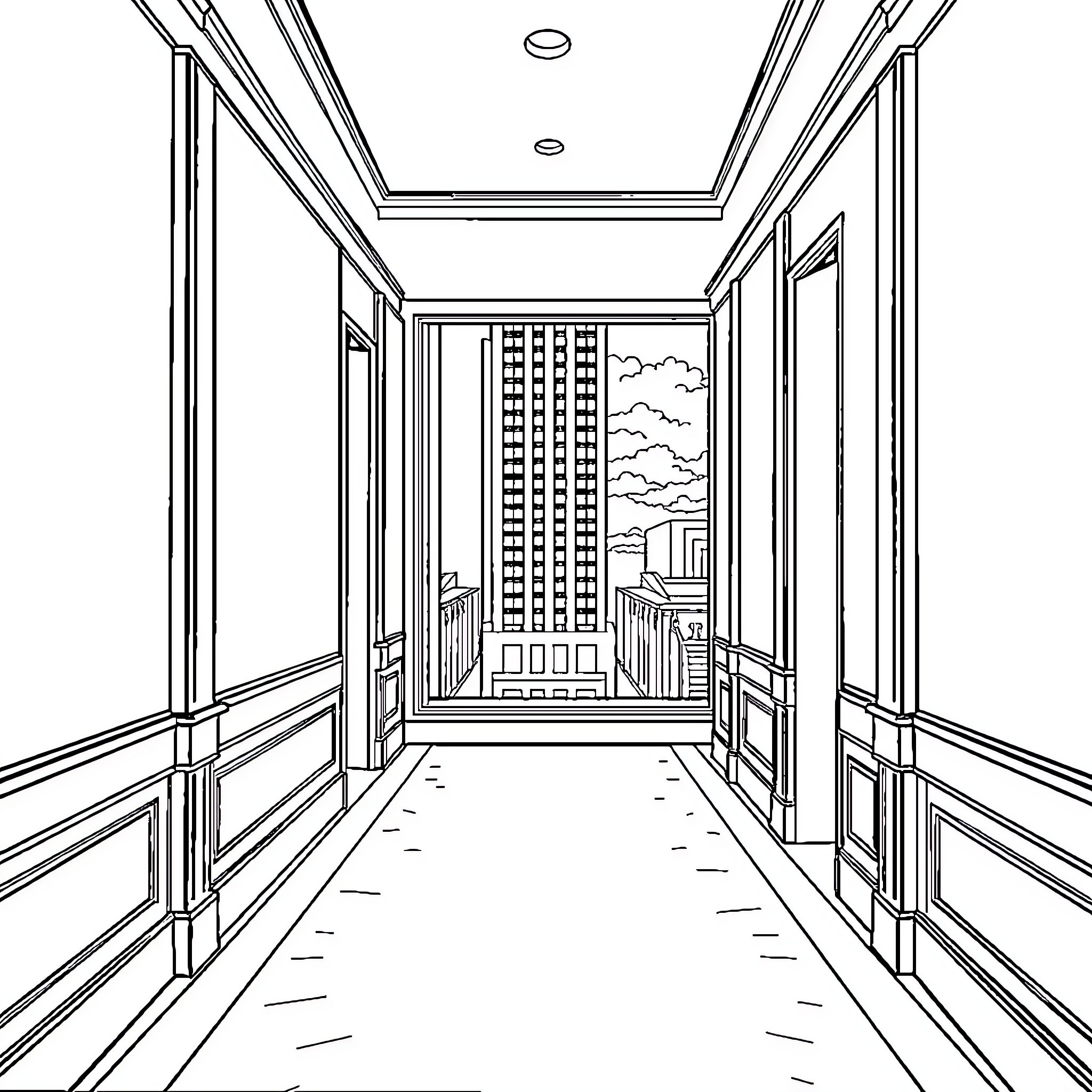 Hotel Hallway with Scenic City View Coloring Page (free black-and-white line drawing printable PDF for all, from beginners to advanced learners, including children, teens, adults, and seniors)