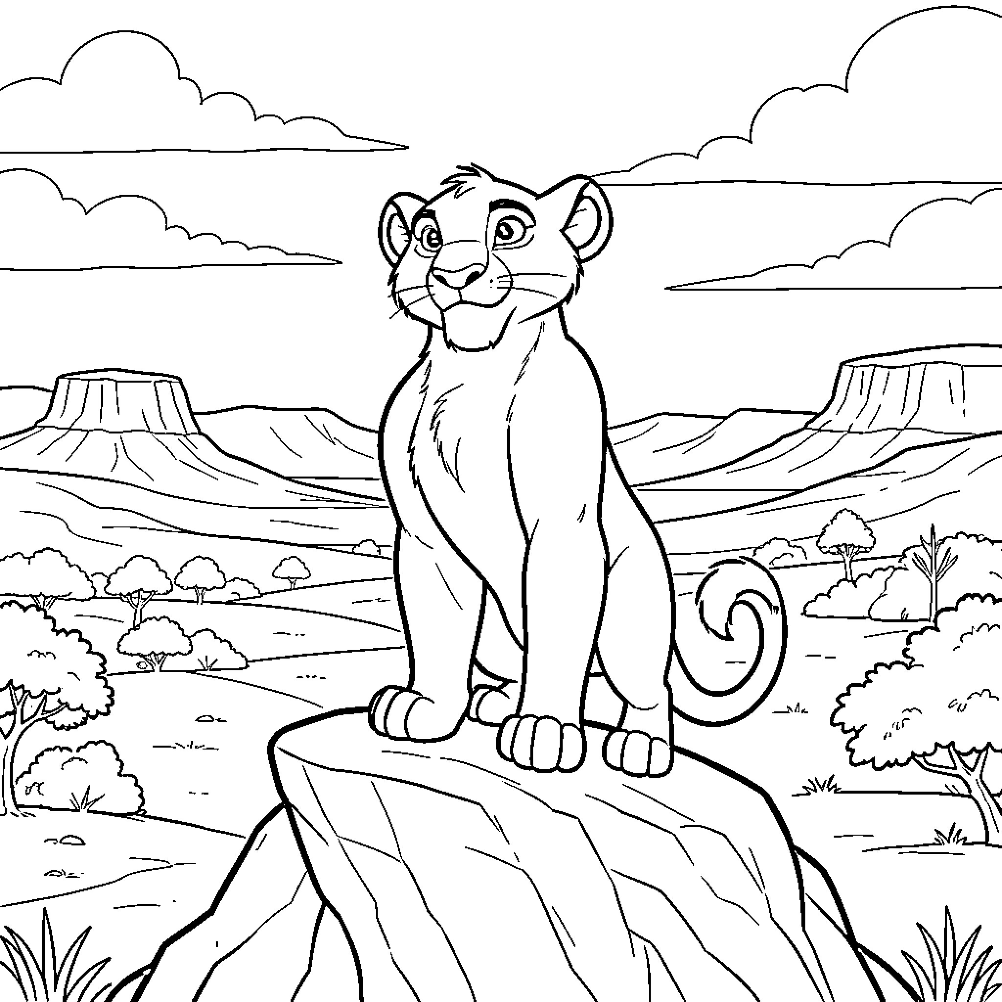 Simba sitting proudly atop a large rock Coloring Page (free black-and-white line drawing printable PDF for all, from beginners to advanced learners, including children, teens, adults, and seniors)