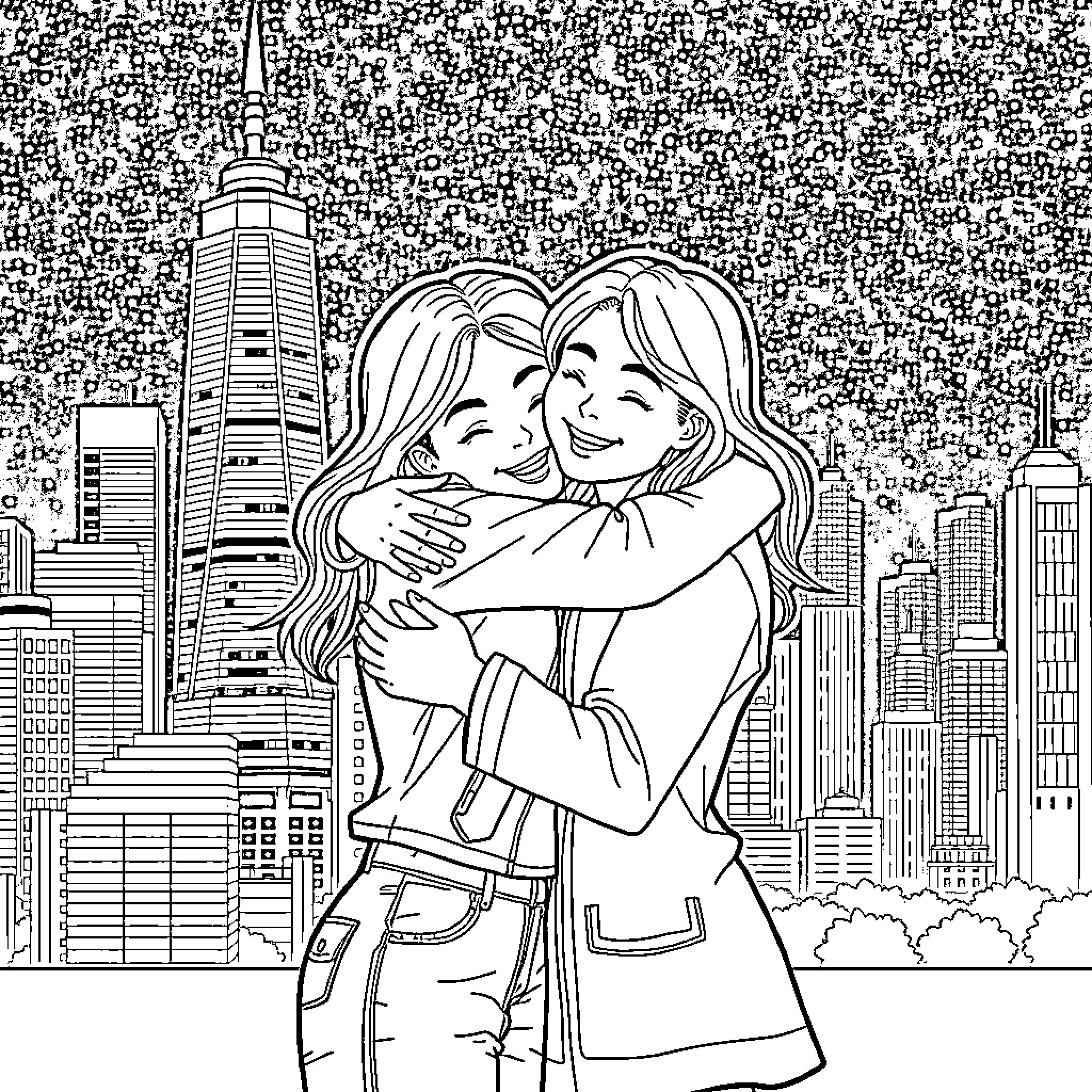 Friend's Warm Embrace in City Skyline Coloring Page (free black-and-white line drawing printable PDF for all, from beginners to advanced learners, including children, teens, adults, and seniors)
