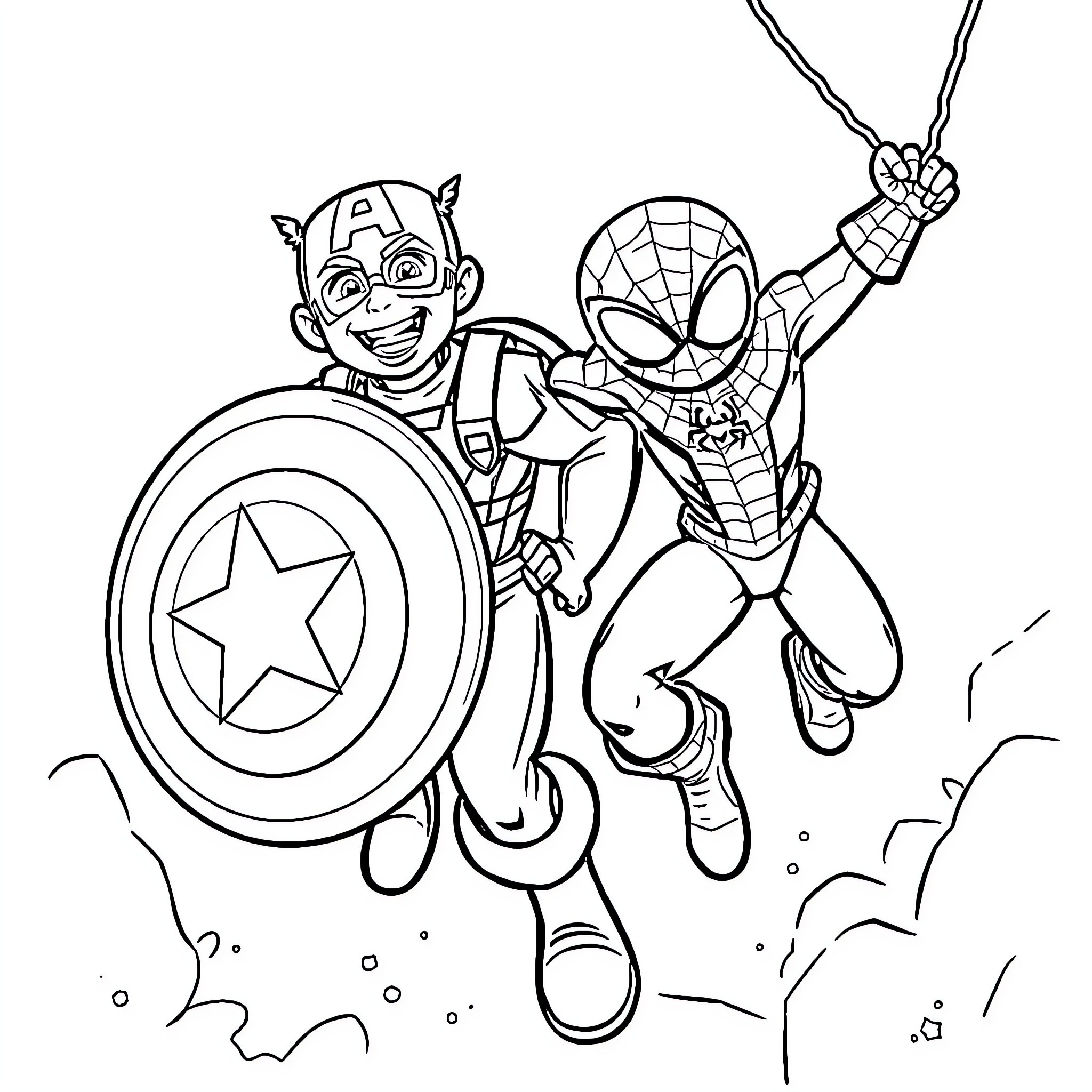 Captain America and Spider-Man in Action Poses Coloring Page (free black-and-white line drawing printable PDF for all, from beginners to advanced learners, including children, teens, adults, and seniors)