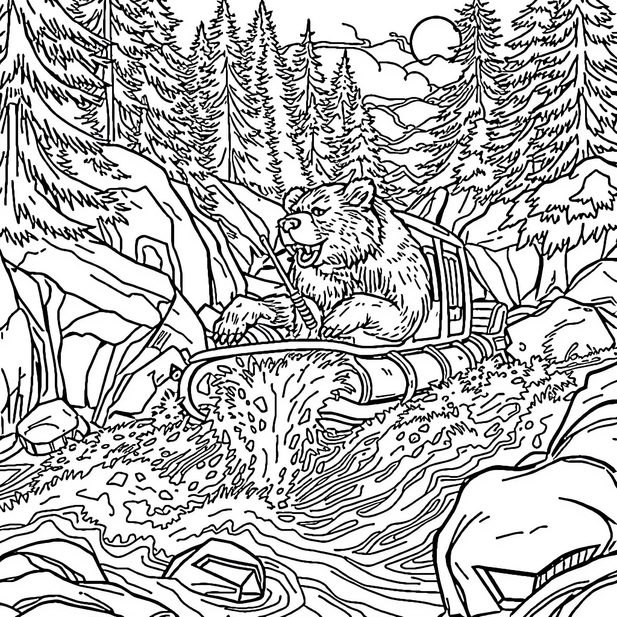 Grizzly Bear Roaring in Wilderness Landscape Coloring Page (free black-and-white line drawing printable PDF for all, from beginners to advanced learners, including children, teens, adults, and seniors)