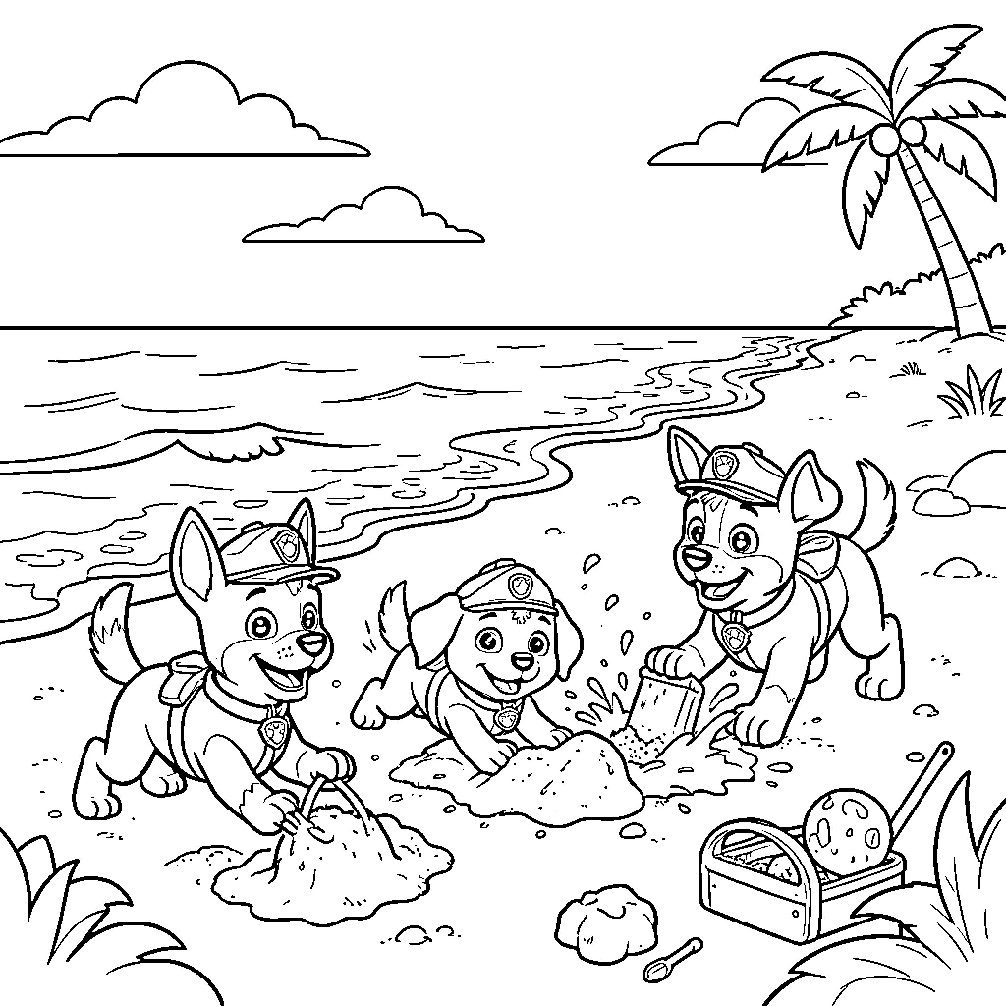 Paw Patrol playing in the sand on the beach Coloring Page (free black-and-white line drawing printable PDF for all, from beginners to advanced learners, including children, teens, adults, and seniors)