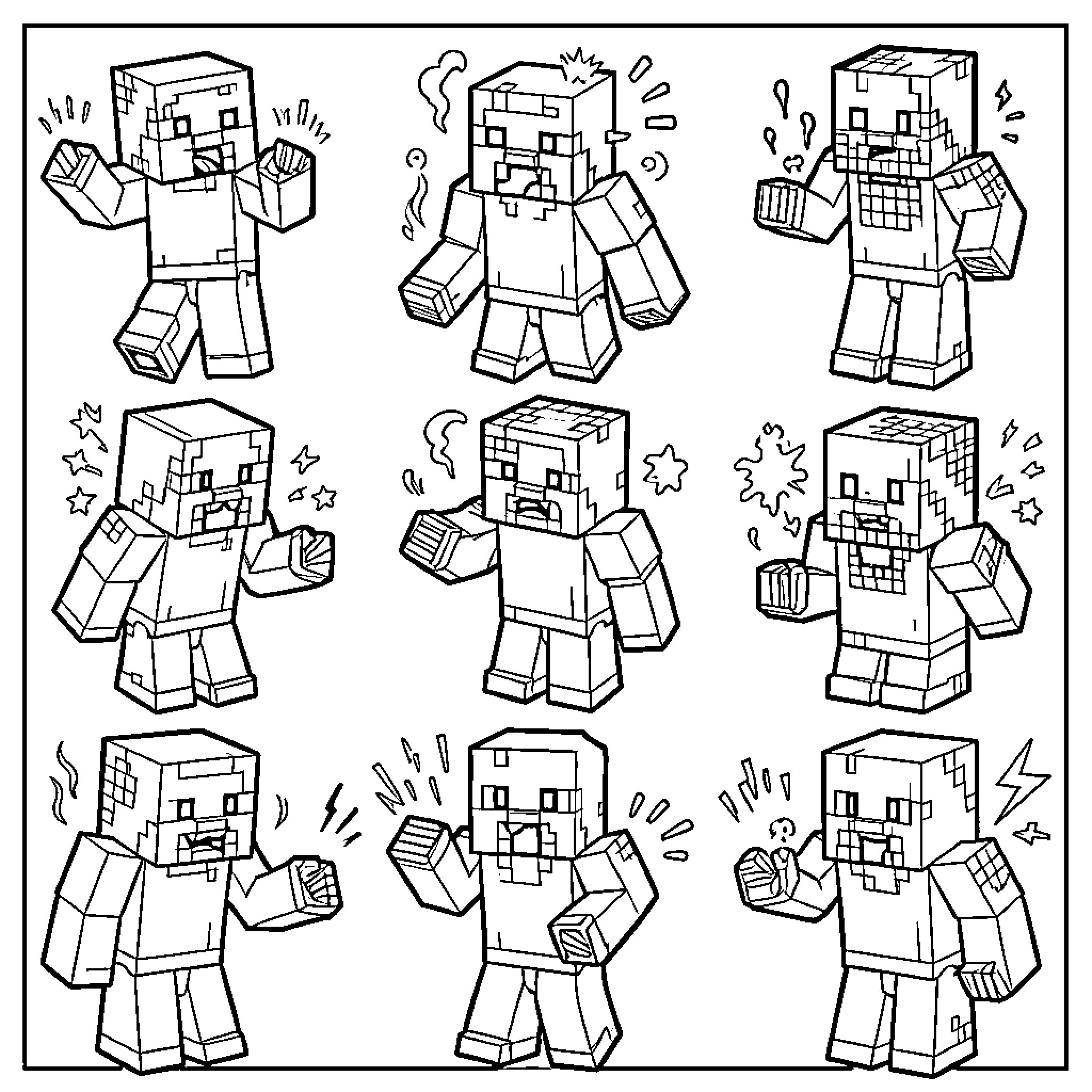 Minecraft Mob expressing various intense emotions and poses Coloring Page (free black-and-white line drawing printable PDF for all, from beginners to advanced learners, including children, teens, adults, and seniors)