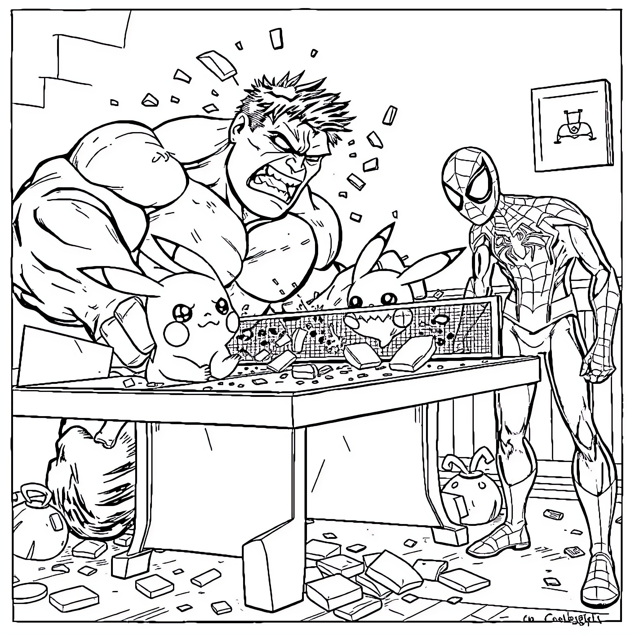Hulk Causing Chaos in the Tech Lab Coloring Page (free black-and-white line drawing printable PDF for all, from beginners to advanced learners, including children, teens, adults, and seniors)