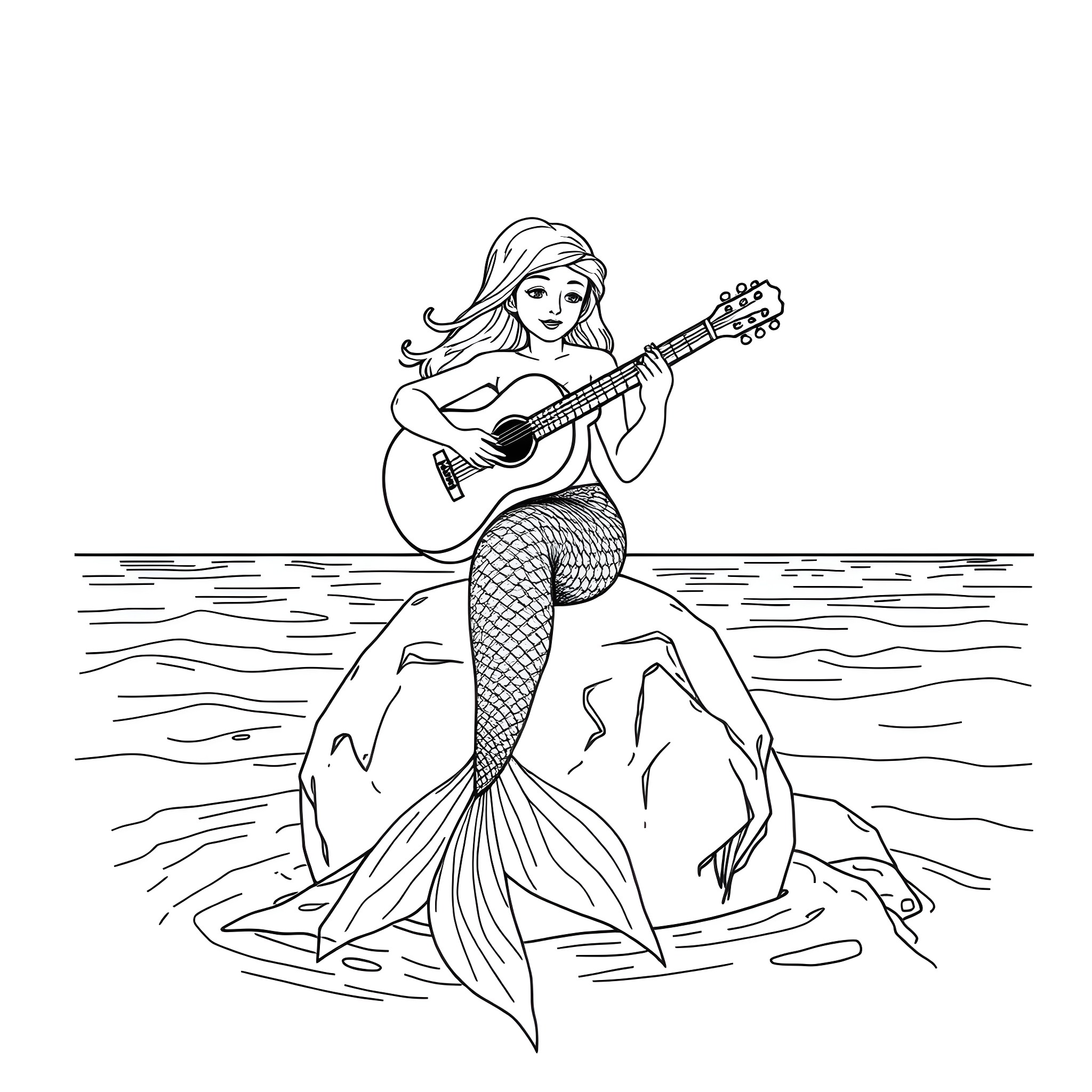 Mermaid playing guitar on the rocks Coloring Page (free black-and-white line drawing printable PDF for all, from beginners to advanced learners, including children, teens, adults, and seniors)