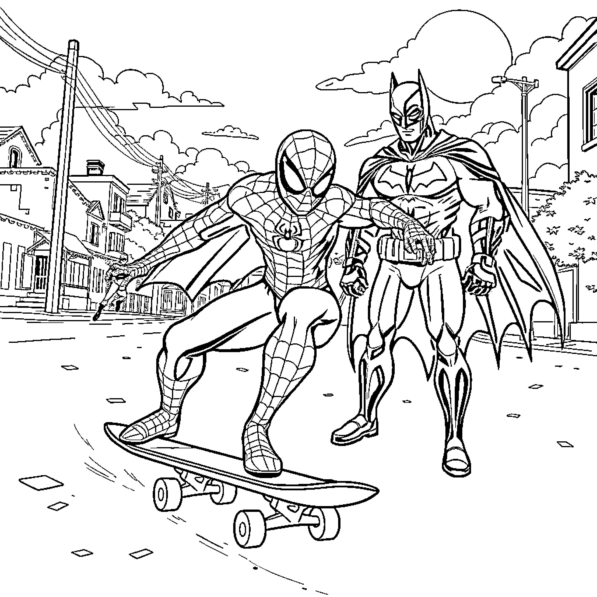 Spider-Man and Batman Superhero Adventure in the City Coloring Page (free black-and-white line drawing printable PDF for all, from beginners to advanced learners, including children, teens, adults, and seniors)