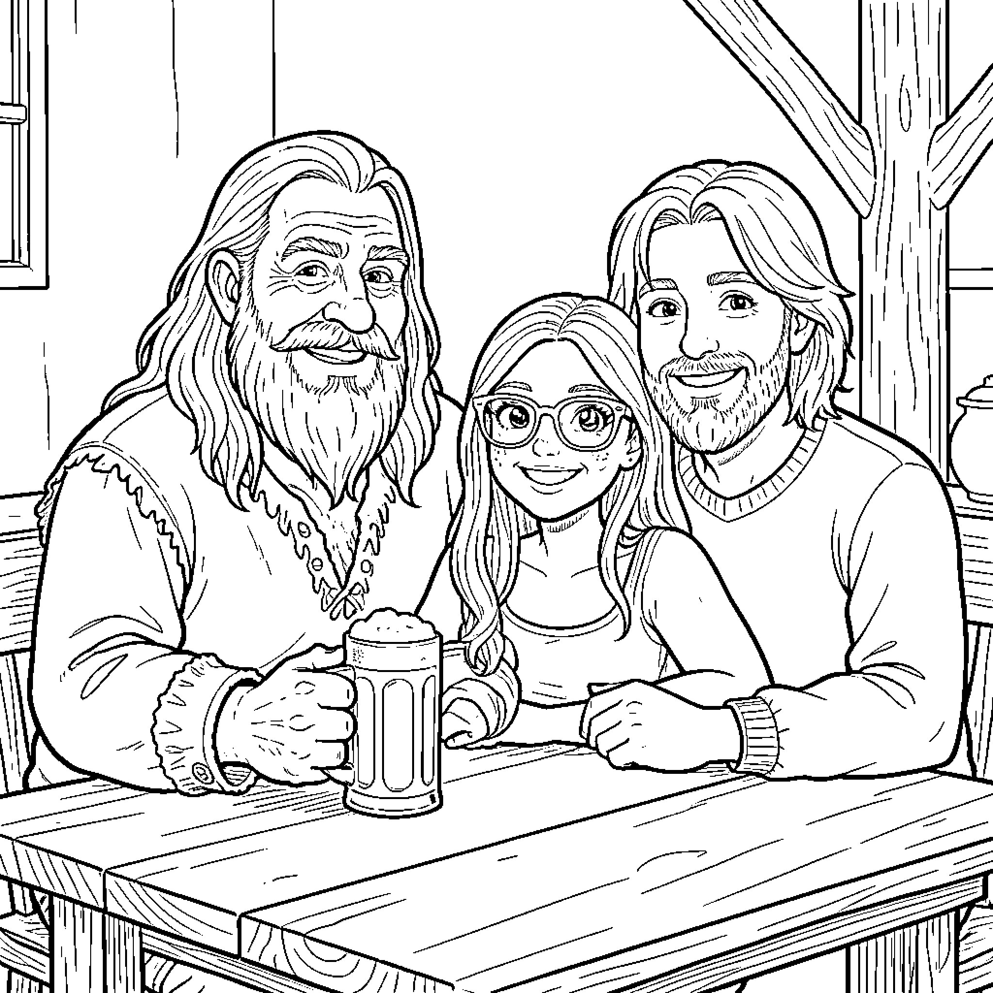 Hagrid enjoying a drink with friends Coloring Page (free black-and-white line drawing printable PDF for all, from beginners to advanced learners, including children, teens, adults, and seniors)