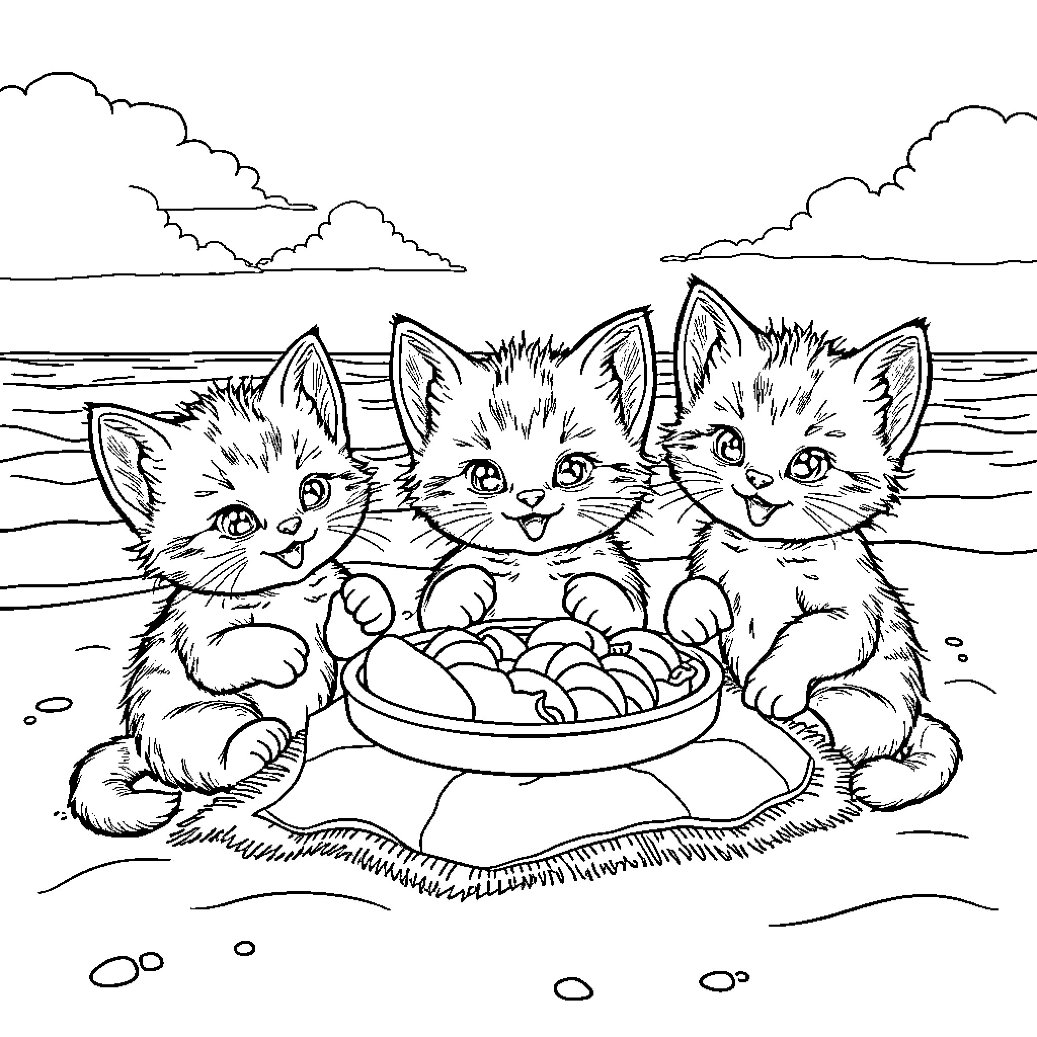 Kittens enjoying a tasty meal by the sea Coloring Page (free black-and-white line drawing printable PDF for all, from beginners to advanced learners, including children, teens, adults, and seniors)