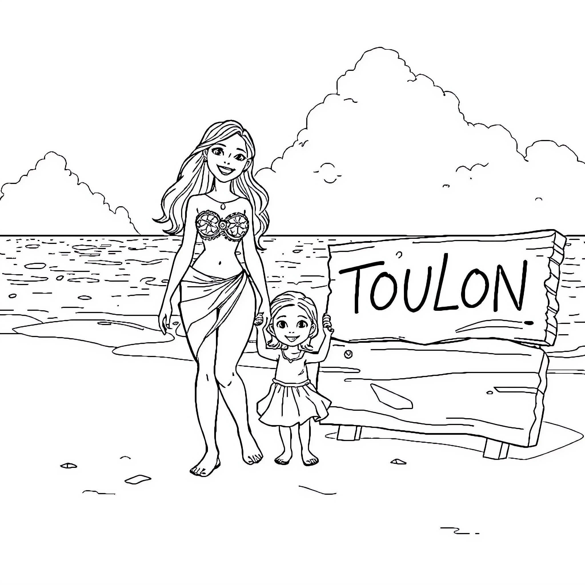 Vaiana and young girl playing on the beach Coloring Page (free black-and-white line drawing printable PDF for all, from beginners to advanced learners, including children, teens, adults, and seniors)