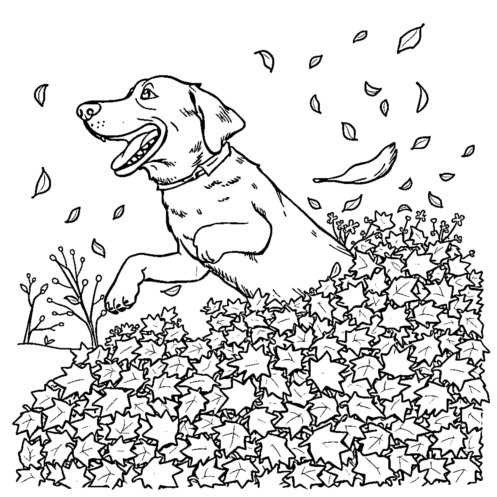Labrador Running and Jumping Through Autumn Leaves Coloring Page (free black-and-white line drawing printable PDF for all, from beginners to advanced learners, including children, teens, adults, and seniors)