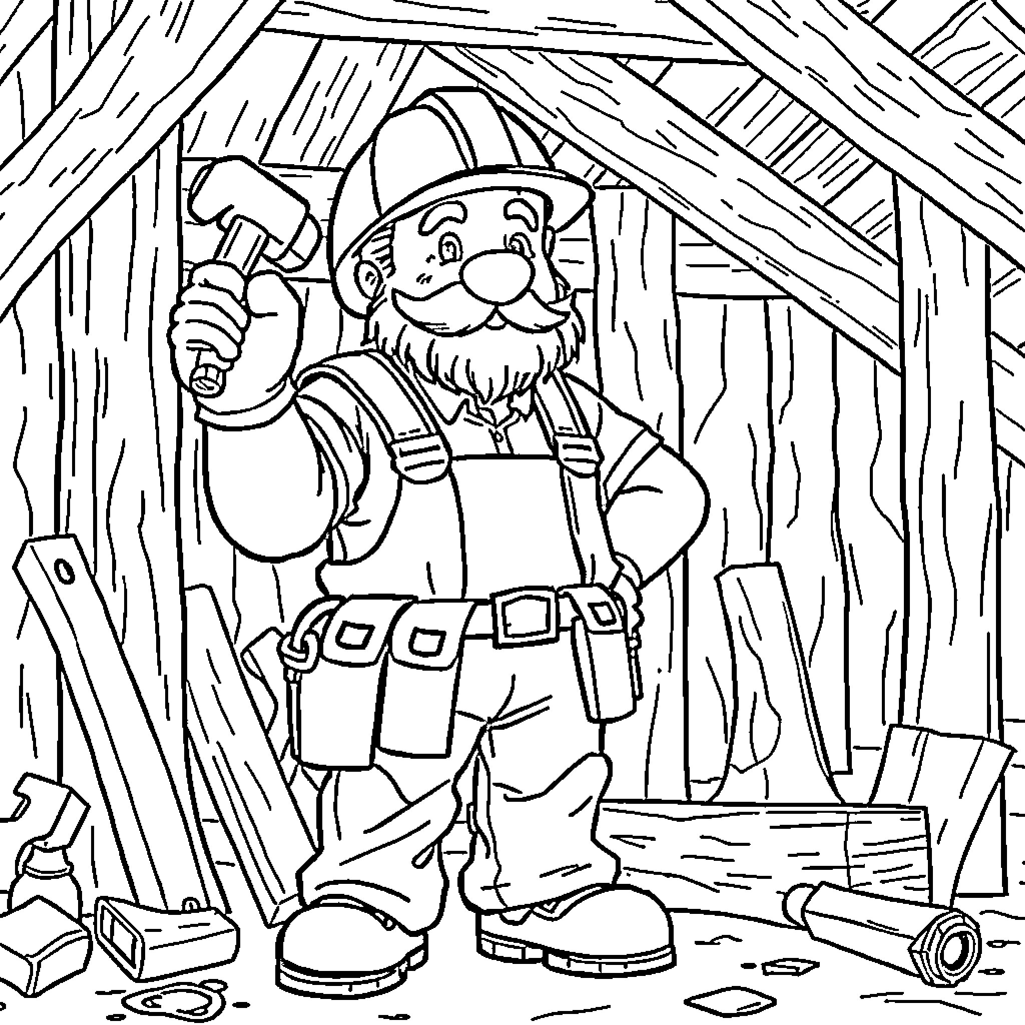 Gimli the Dwarf Handy Man in the Forest Coloring Page (free black-and-white line drawing printable PDF for all, from beginners to advanced learners, including children, teens, adults, and seniors)