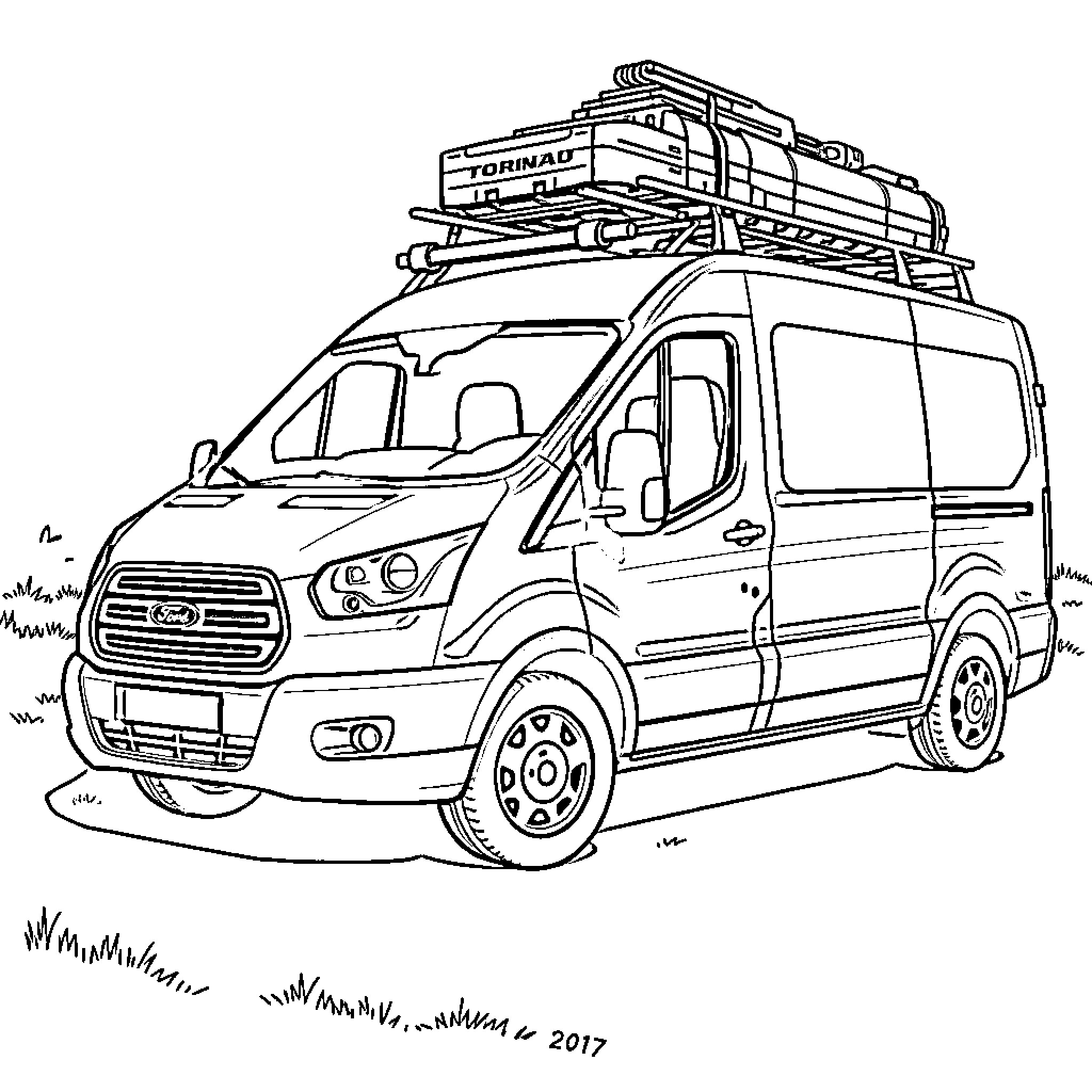 Ford Transit van with rooftop cargo carrier in rural setting Coloring Page (free black-and-white line drawing printable PDF for all, from beginners to advanced learners, including children, teens, adults, and seniors)