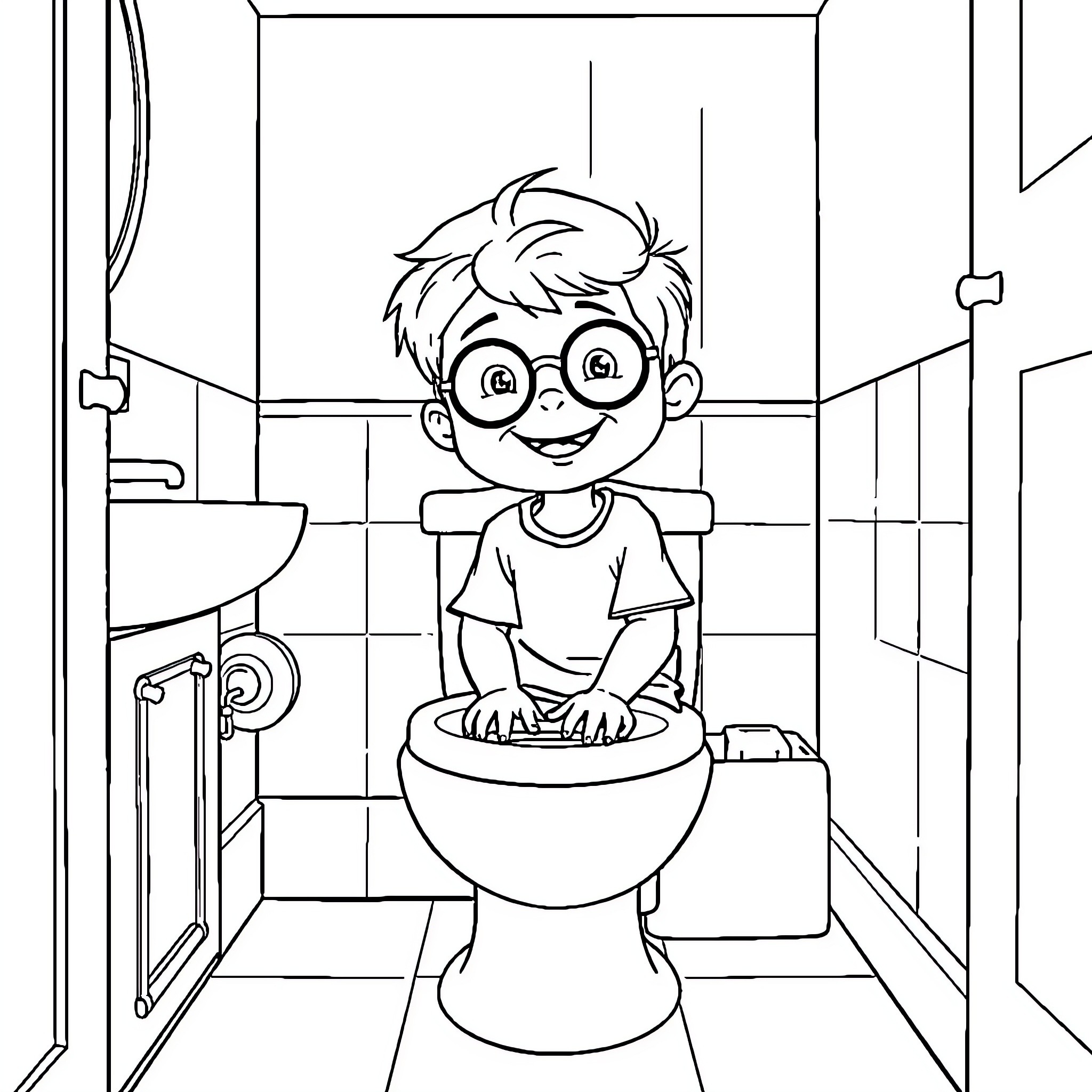 Boy playing happily in the bathroom Coloring Page (free black-and-white line drawing printable PDF for all, from beginners to advanced learners, including children, teens, adults, and seniors)