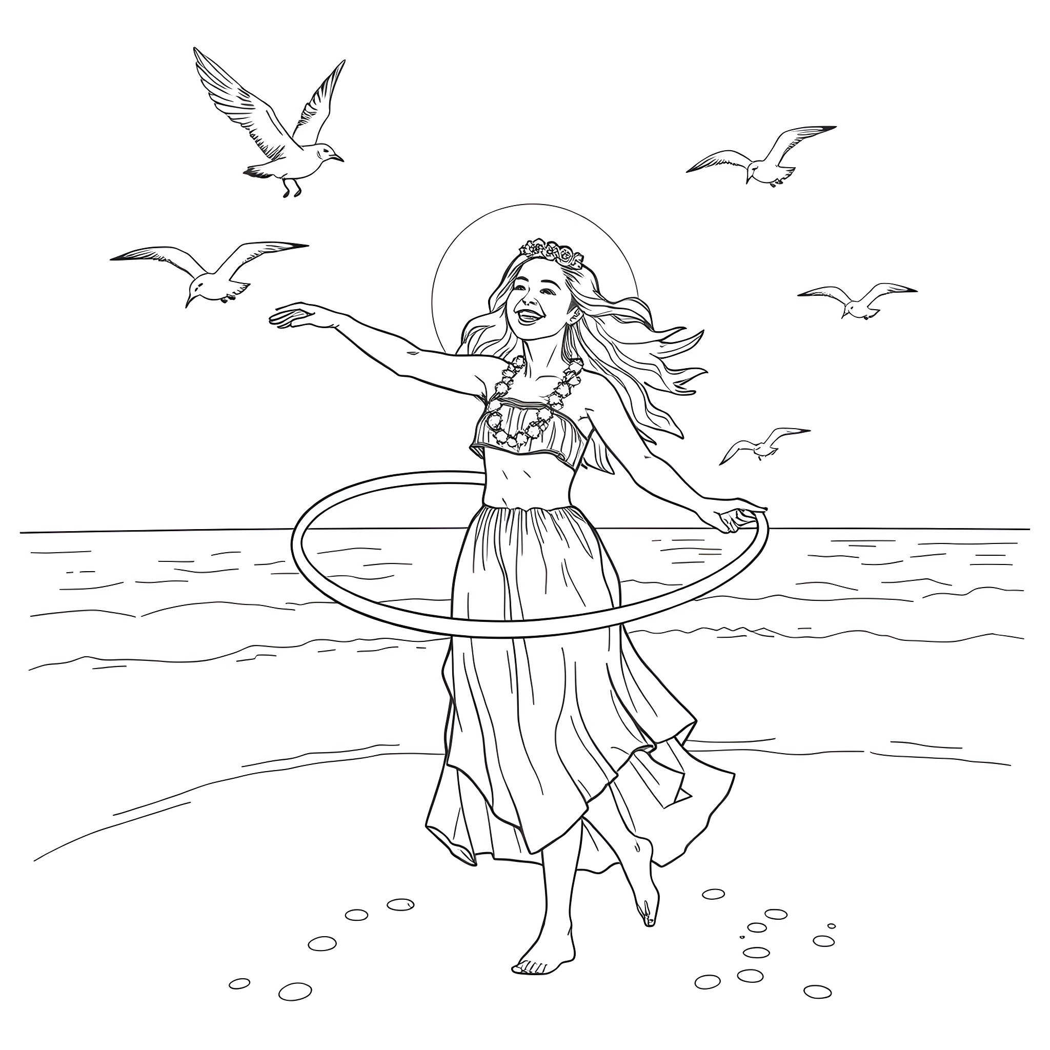 Sydney Sweeney joyfully dancing with hoop on the beach Coloring Page (free black-and-white line drawing printable PDF for all, from beginners to advanced learners, including children, teens, adults, and seniors)