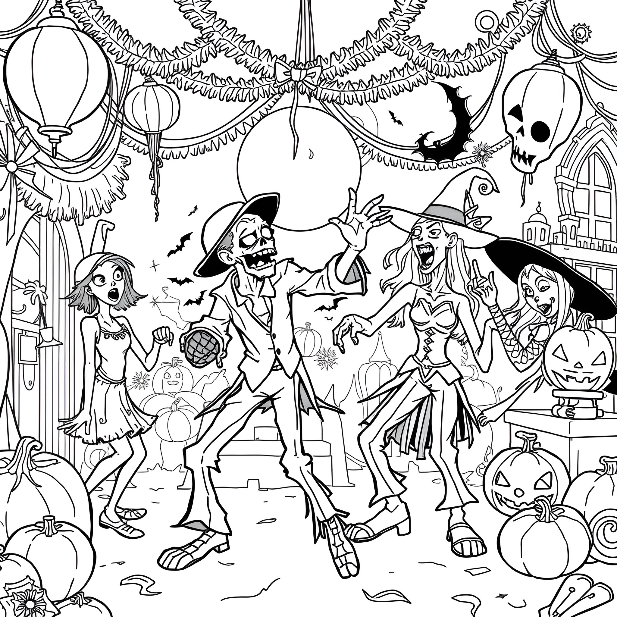 Zombie Party in the Haunted House Coloring Page (free black-and-white line drawing printable PDF for all, from beginners to advanced learners, including children, teens, adults, and seniors)
