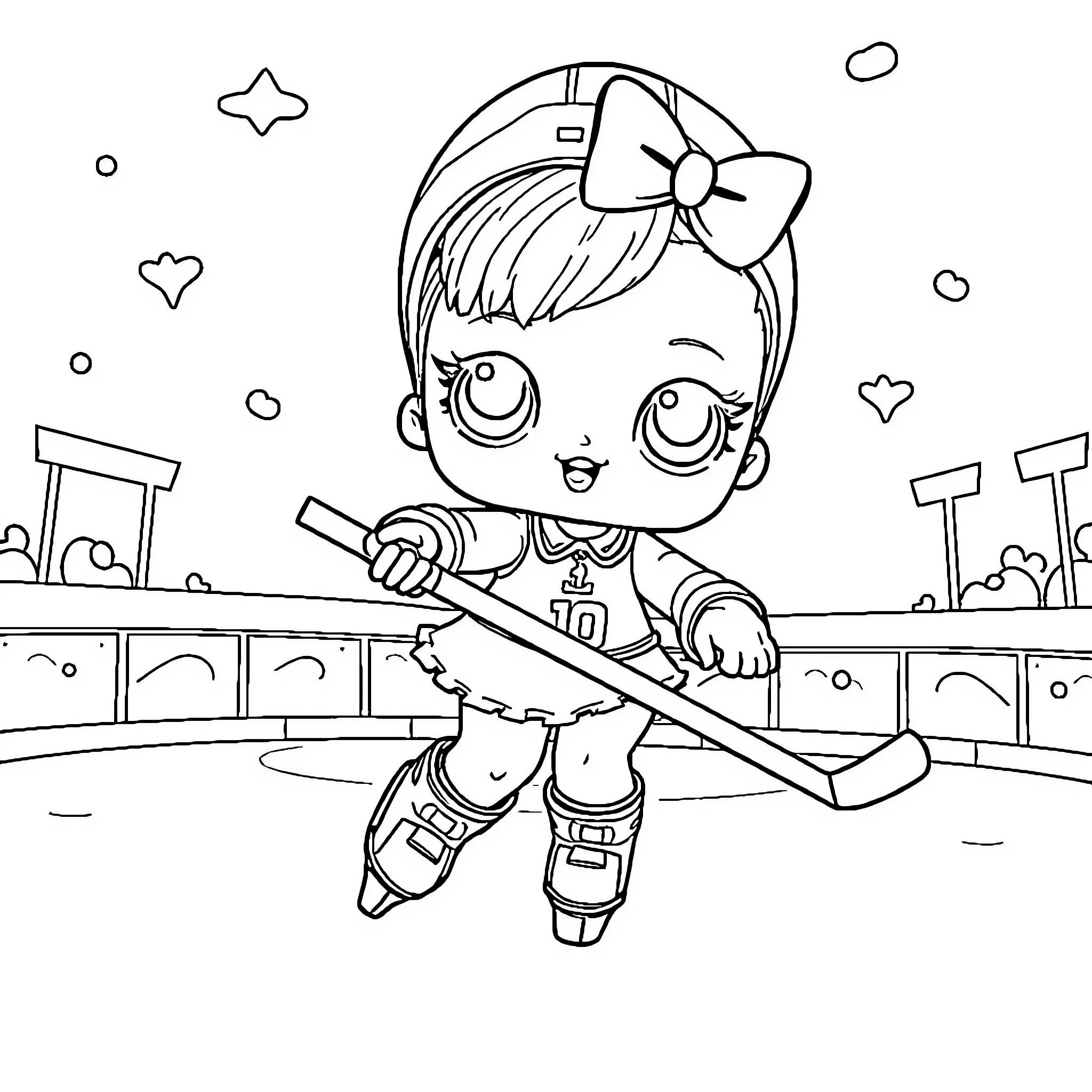 L.O.L Surprise Doll playing ice hockey on the rink Coloring Page (free black-and-white line drawing printable PDF for all, from beginners to advanced learners, including children, teens, adults, and seniors)