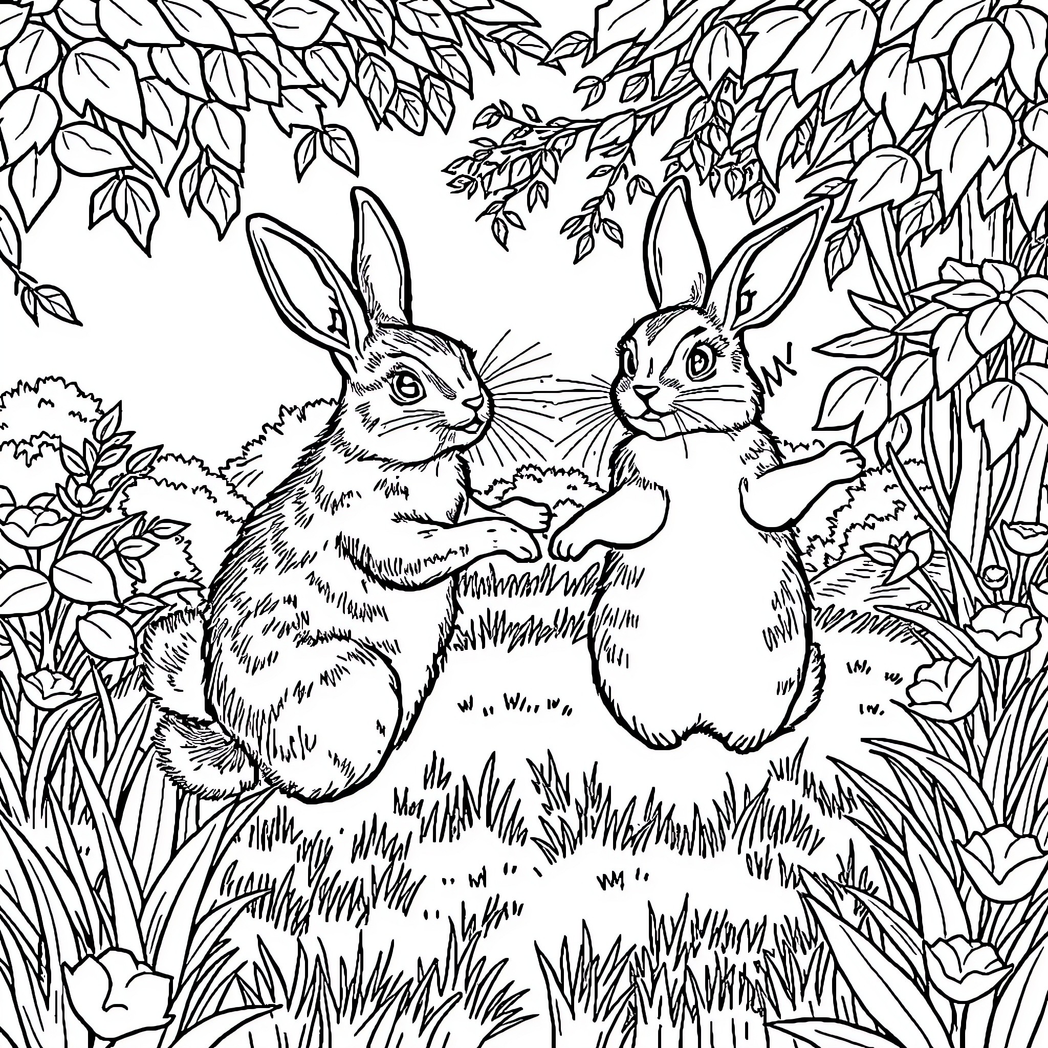 Rabbit friends in lush forest landscape Coloring Page (free black-and-white line drawing printable PDF for all, from beginners to advanced learners, including children, teens, adults, and seniors)