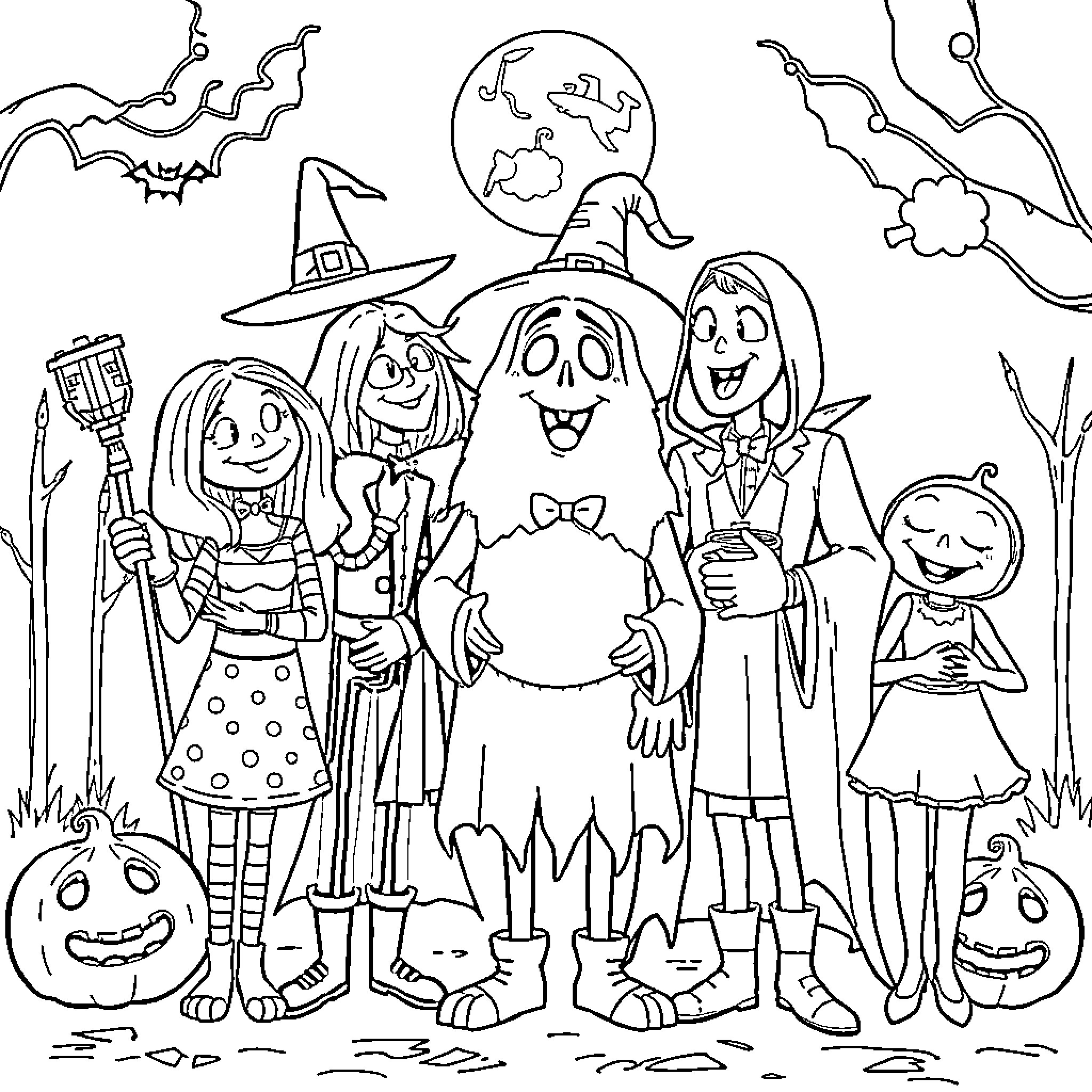 Movie Character Group in Witch, Wizard, and Monster Costumes Coloring Page (free black-and-white line drawing printable PDF for all, from beginners to advanced learners, including children, teens, adults, and seniors)