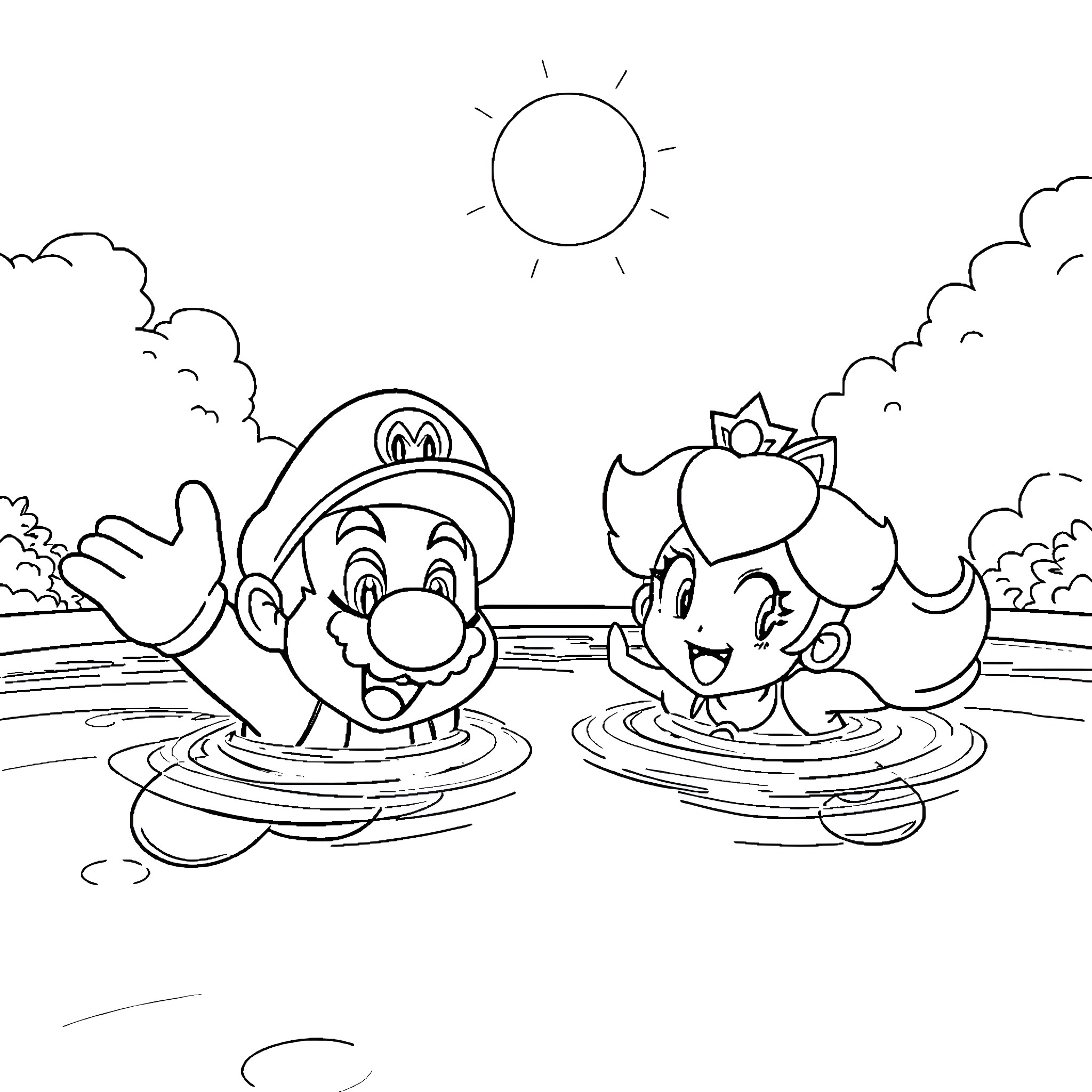 Mario and Princess Swimming in the Pond Coloring Page (free black-and-white line drawing printable PDF for all, from beginners to advanced learners, including children, teens, adults, and seniors)