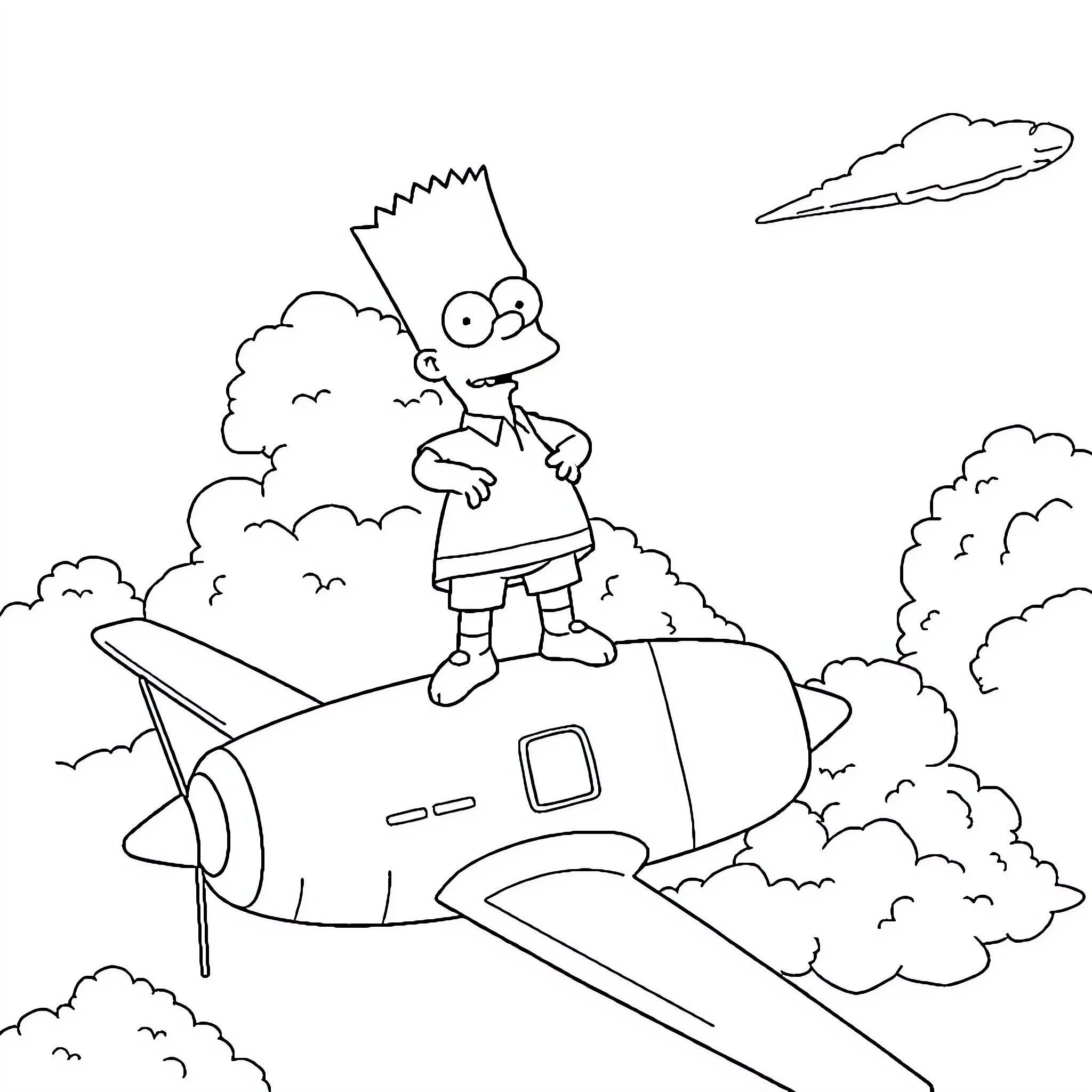 Bart's Imaginary Rocket Adventure Coloring Page (free black-and-white line drawing printable PDF for all, from beginners to advanced learners, including children, teens, adults, and seniors)