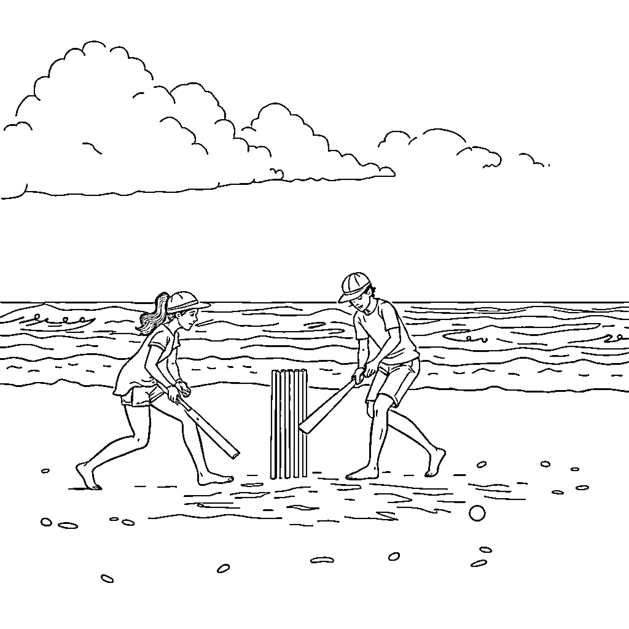 Cricket players enjoying game on the beach Coloring Page (free black-and-white line drawing printable PDF for all, from beginners to advanced learners, including children, teens, adults, and seniors)