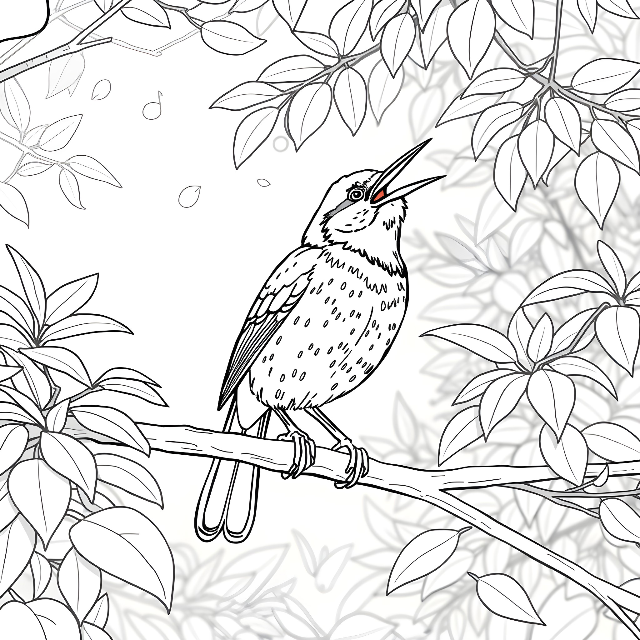 Indian Pitta bird perched on a branch Coloring Page (free black-and-white line drawing printable PDF for all, from beginners to advanced learners, including children, teens, adults, and seniors)
