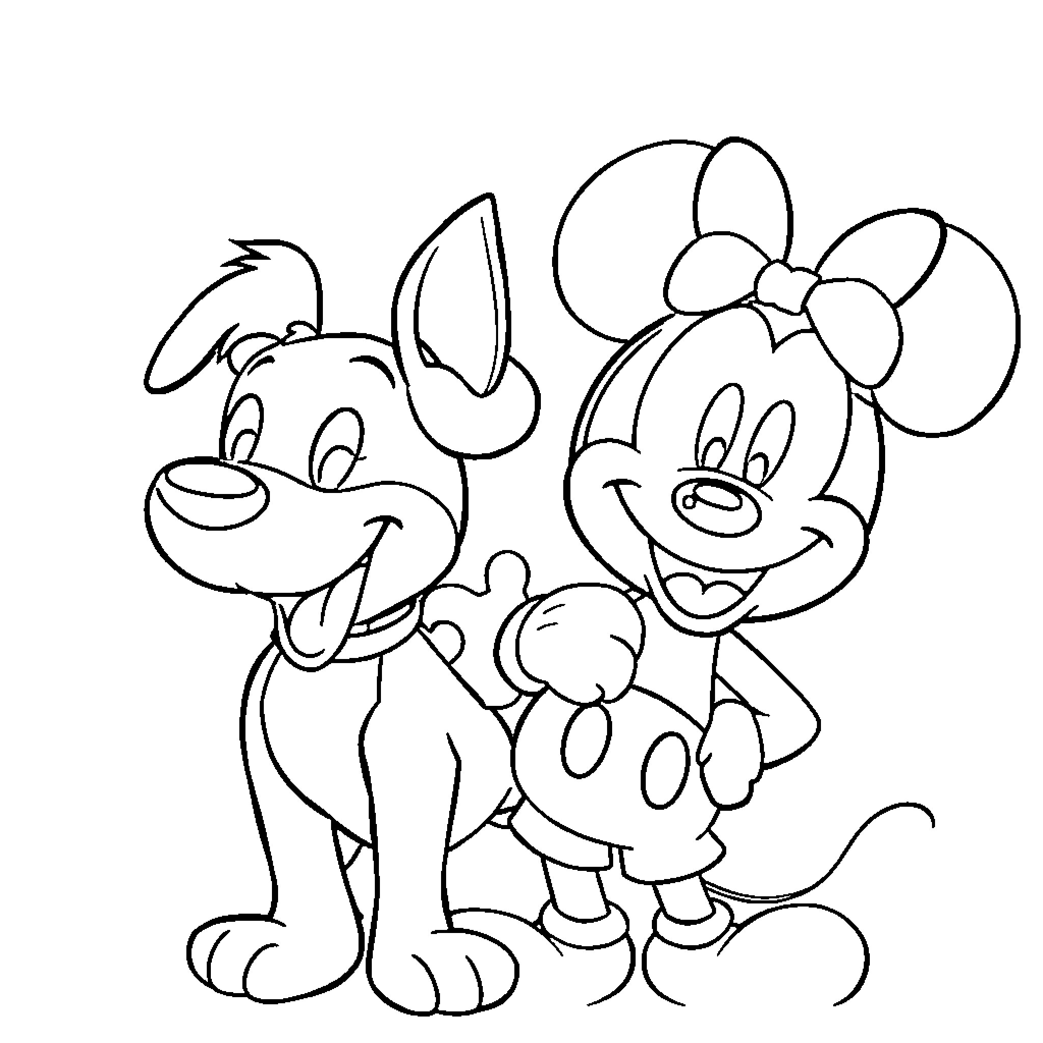 Bluey and Minnie Mouse playing together Coloring Page (free black-and-white line drawing printable PDF for all, from beginners to advanced learners, including children, teens, adults, and seniors)