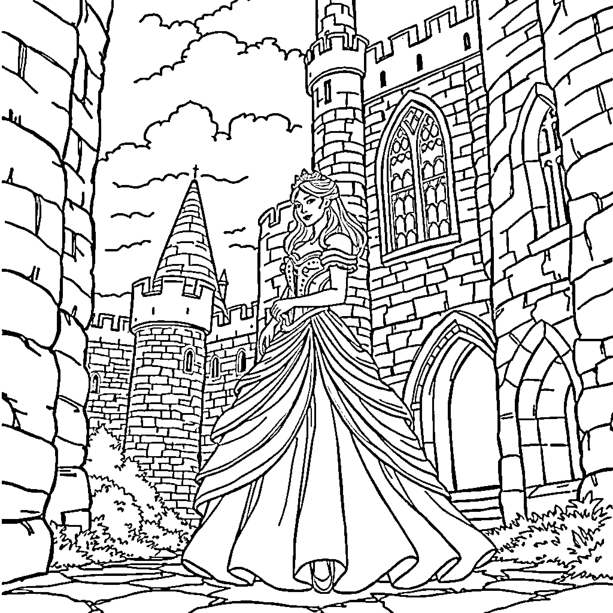 Princess in Elegant Gown Admiring Castle Coloring Page (free black-and-white line drawing printable PDF for all, from beginners to advanced learners, including children, teens, adults, and seniors)