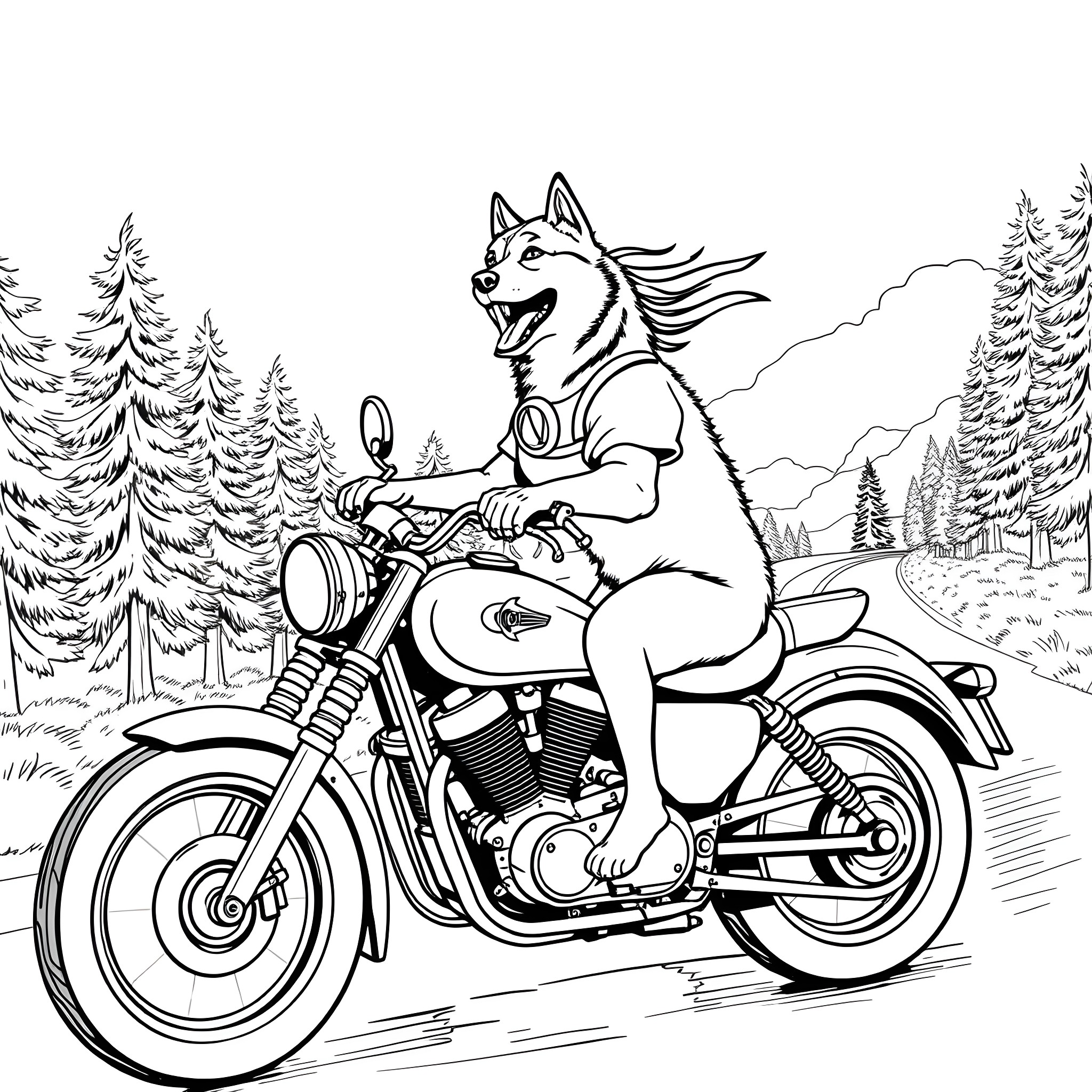 Husky riding a motorcycle in the forest Coloring Page (free black-and-white line drawing printable PDF for all, from beginners to advanced learners, including children, teens, adults, and seniors)