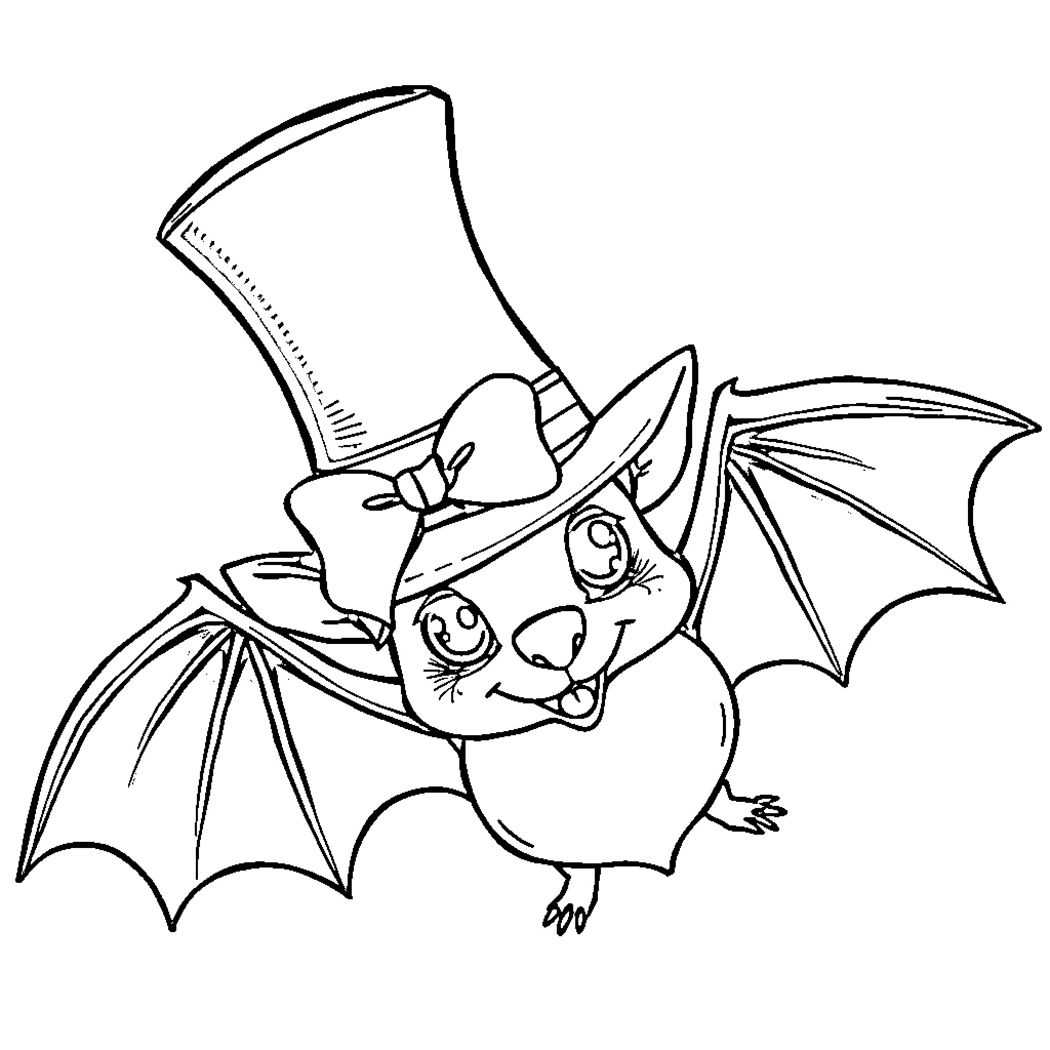 Bat with a top hat flying joyfully Coloring Page (free black-and-white line drawing printable PDF for all, from beginners to advanced learners, including children, teens, adults, and seniors)