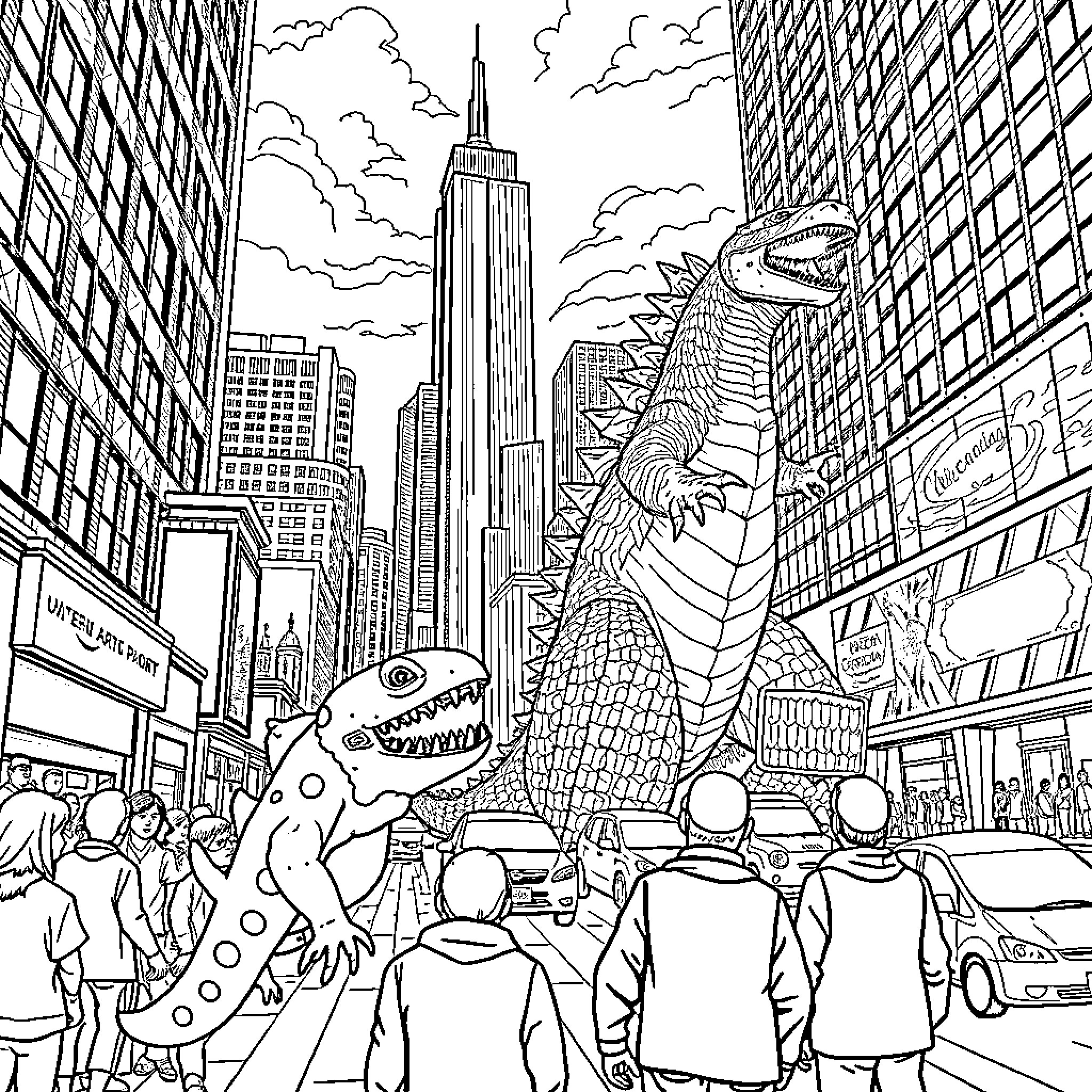 Axolotl monsters invading the city Coloring Page (free black-and-white line drawing printable PDF for all, from beginners to advanced learners, including children, teens, adults, and seniors)