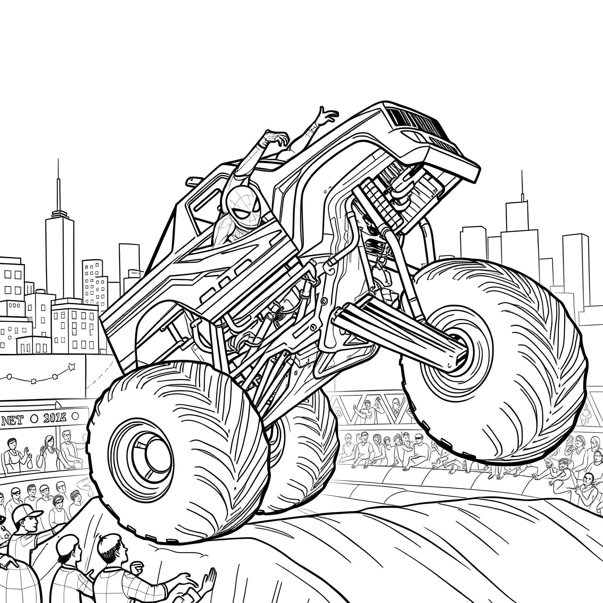 Spider Monster Truck Crushing Cars in the City Coloring Page (free black-and-white line drawing printable PDF for all, from beginners to advanced learners, including children, teens, adults, and seniors)