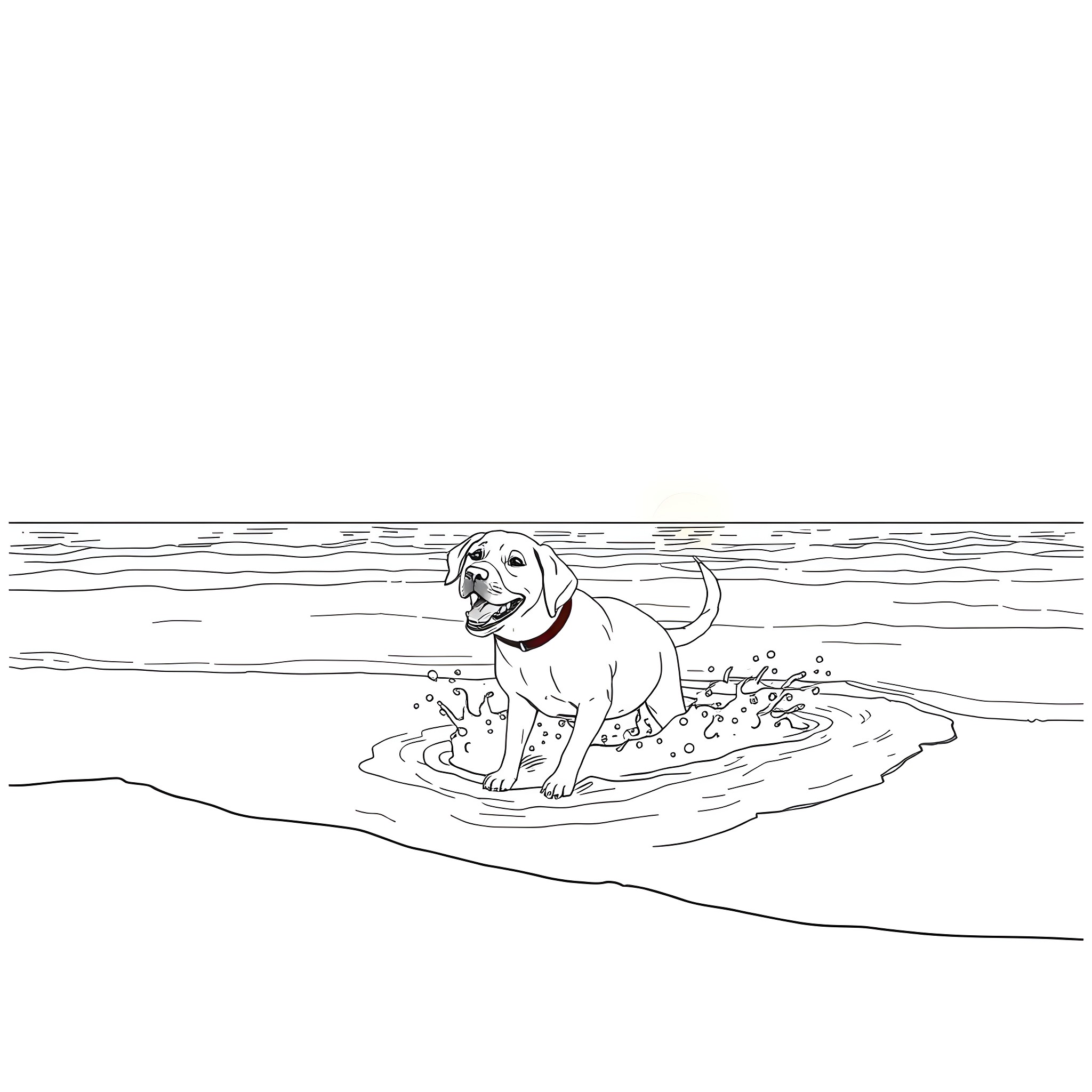 Labrador playing happily in the water Coloring Page (free black-and-white line drawing printable PDF for all, from beginners to advanced learners, including children, teens, adults, and seniors)