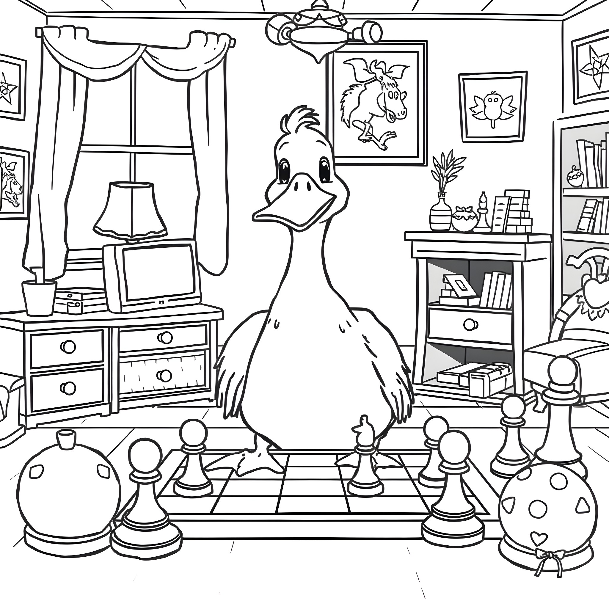 Duck playing chess in a cozy room Coloring Page (free black-and-white line drawing printable PDF for all, from beginners to advanced learners, including children, teens, adults, and seniors)