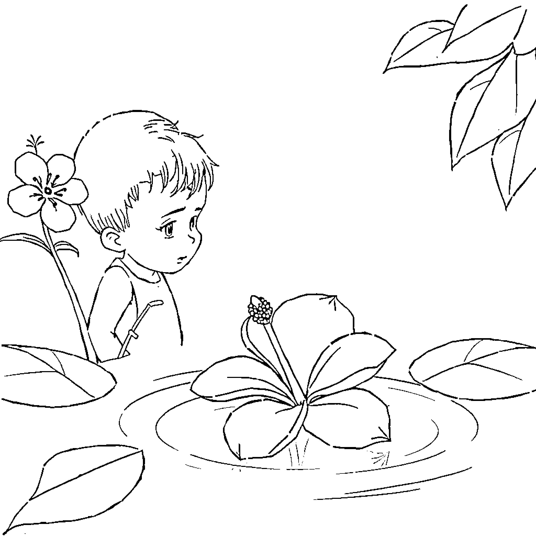 Frangipani: Girl admiring flower in tranquil pond Coloring Page (free black-and-white line drawing printable PDF for all, from beginners to advanced learners, including children, teens, adults, and seniors)