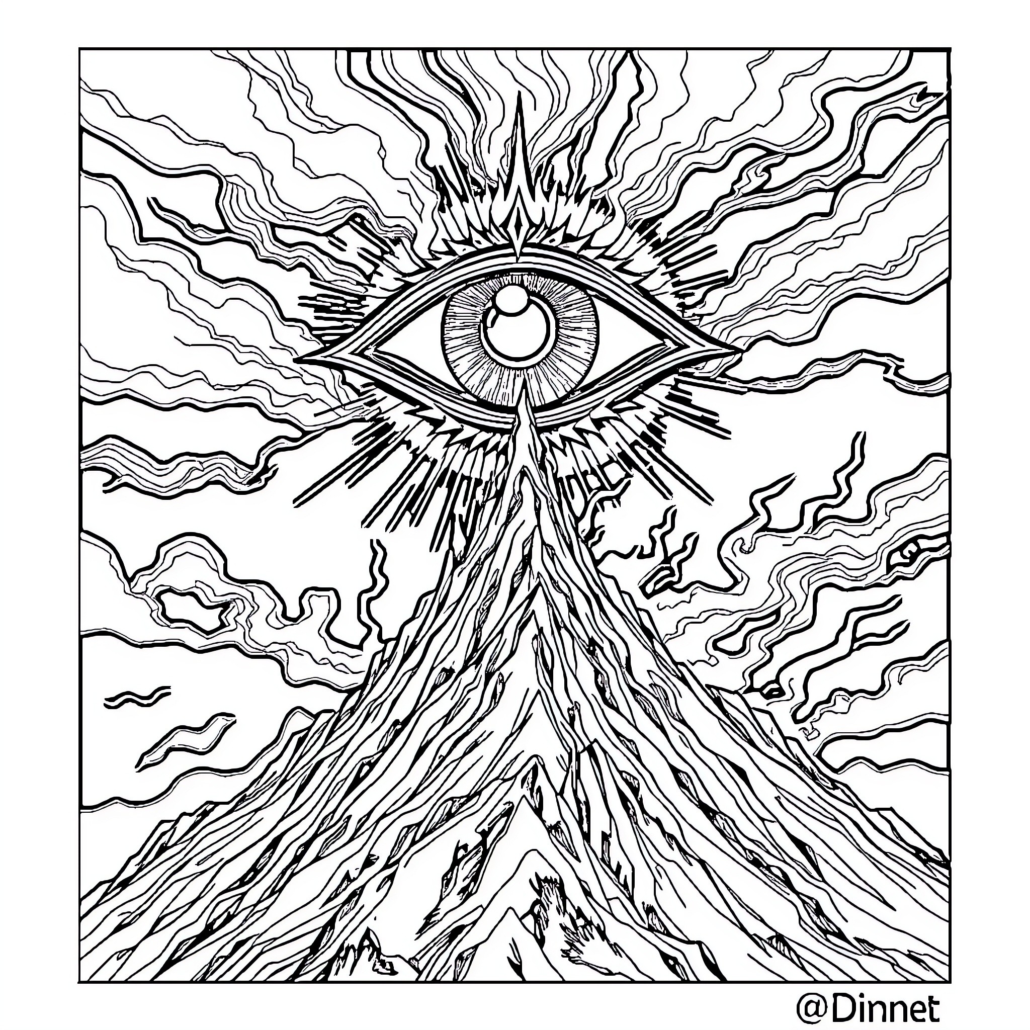 Eye of Sauron watching over a mystical, supernatural landscape Coloring Page (free black-and-white line drawing printable PDF for all, from beginners to advanced learners, including children, teens, adults, and seniors)
