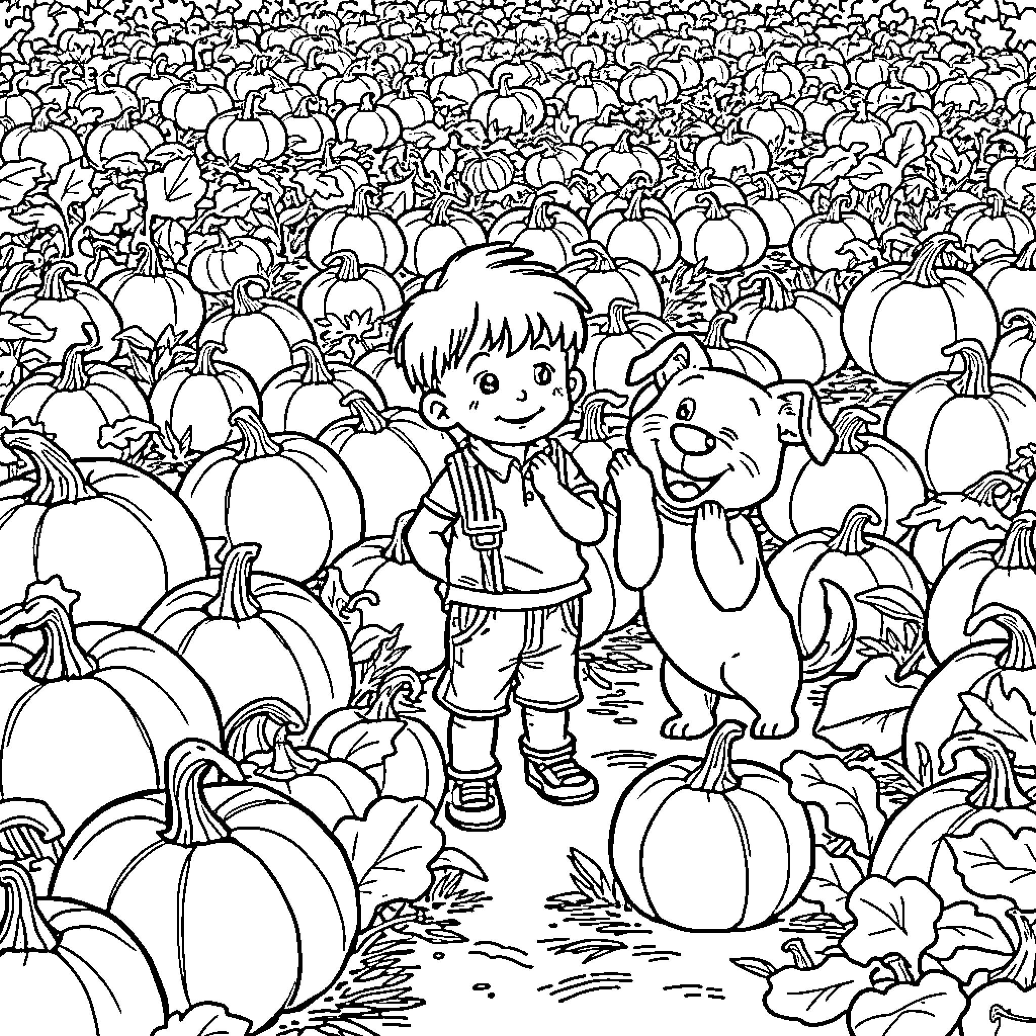 Boy and his dog playing in a pumpkin patch Coloring Page (free black-and-white line drawing printable PDF for all, from beginners to advanced learners, including children, teens, adults, and seniors)
