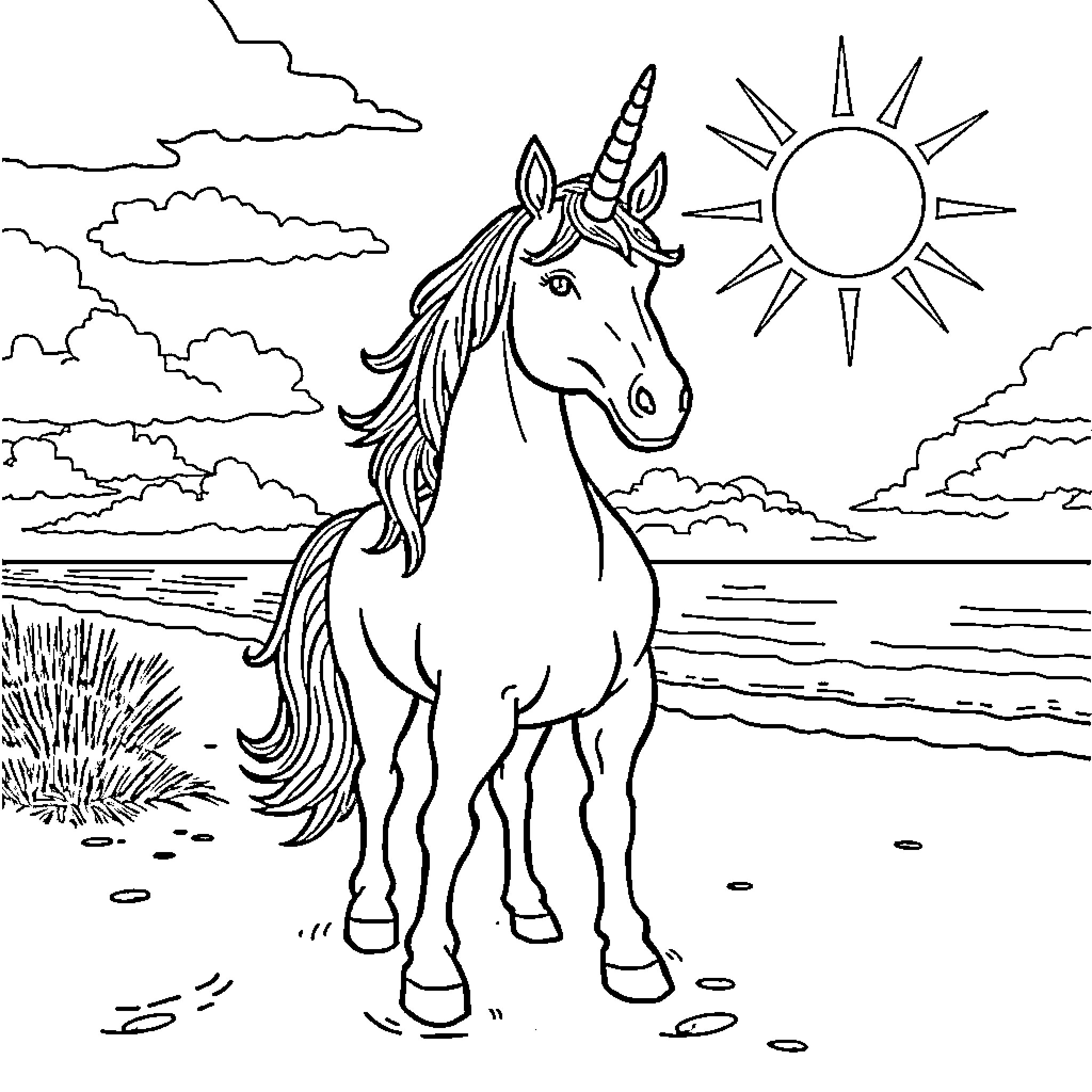 Unicorn enjoying a sunny day by the beach Coloring Page (free black-and-white line drawing printable PDF for all, from beginners to advanced learners, including children, teens, adults, and seniors)