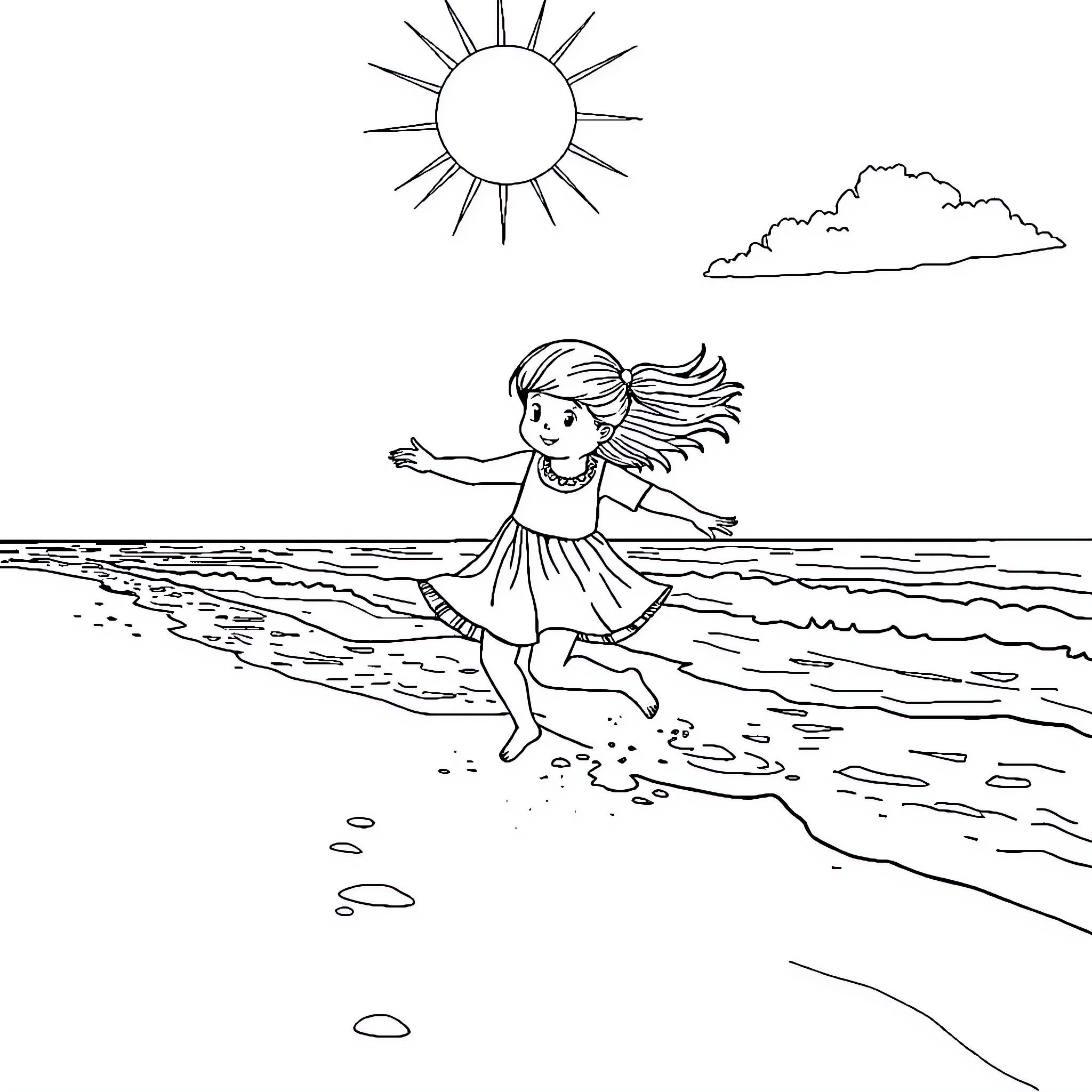 Girl joyfully dancing on the beach Coloring Page (free black-and-white line drawing printable PDF for all, from beginners to advanced learners, including children, teens, adults, and seniors)