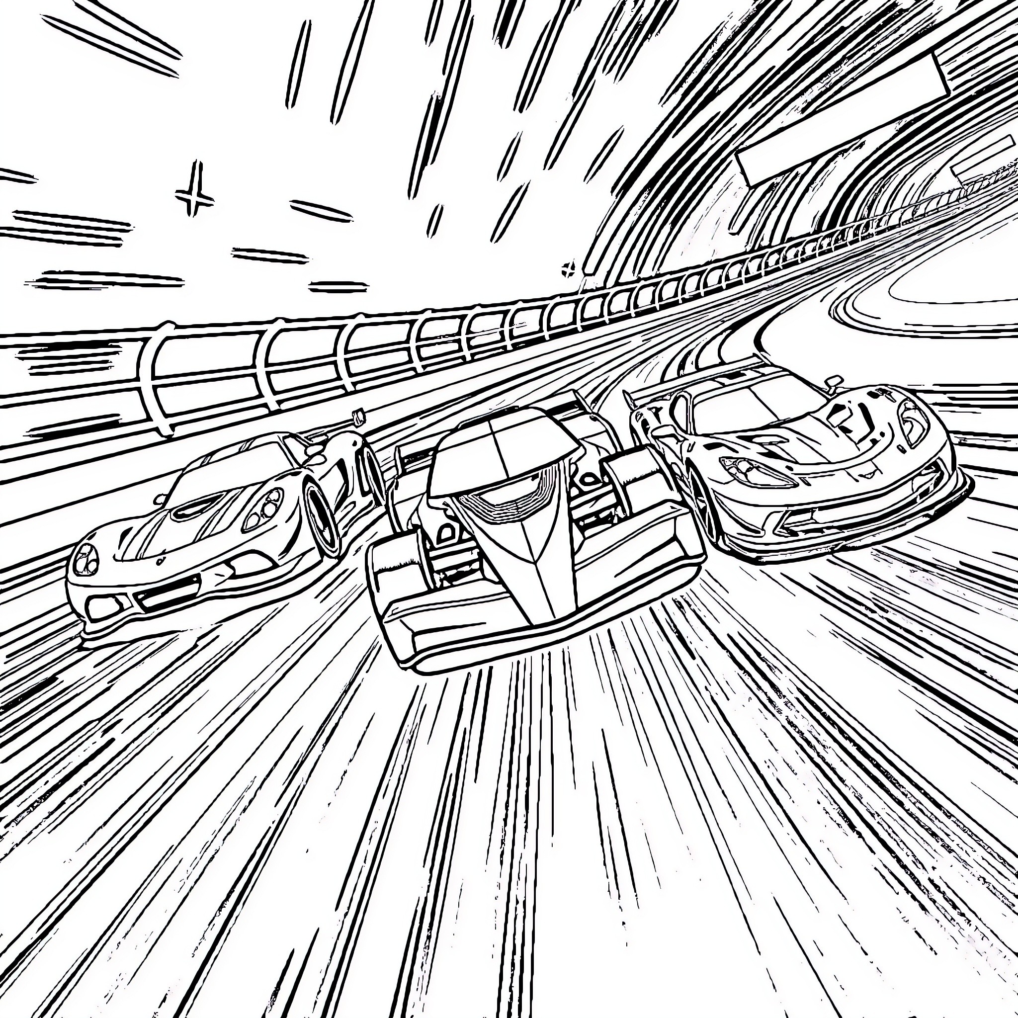 Car Racing Blur Speed Thrilling Ride Coloring Page (free black-and-white line drawing printable PDF for all, from beginners to advanced learners, including children, teens, adults, and seniors)