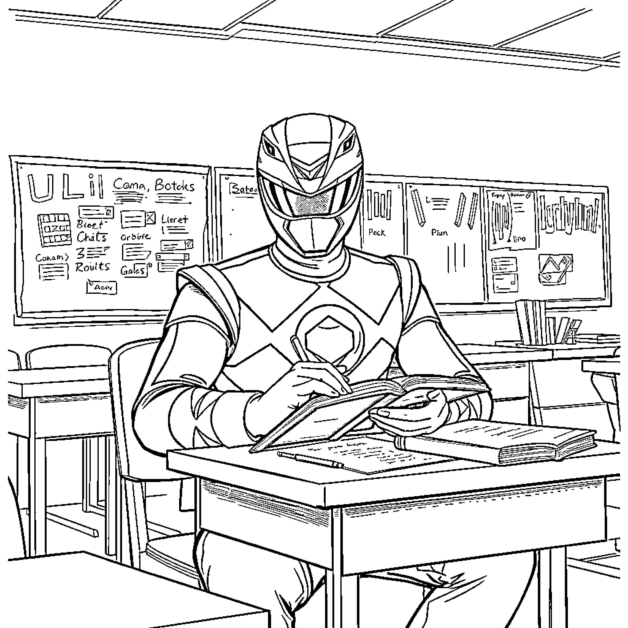 Power Ranger studying diligently in classroom Coloring Page (free black-and-white line drawing printable PDF for all, from beginners to advanced learners, including children, teens, adults, and seniors)