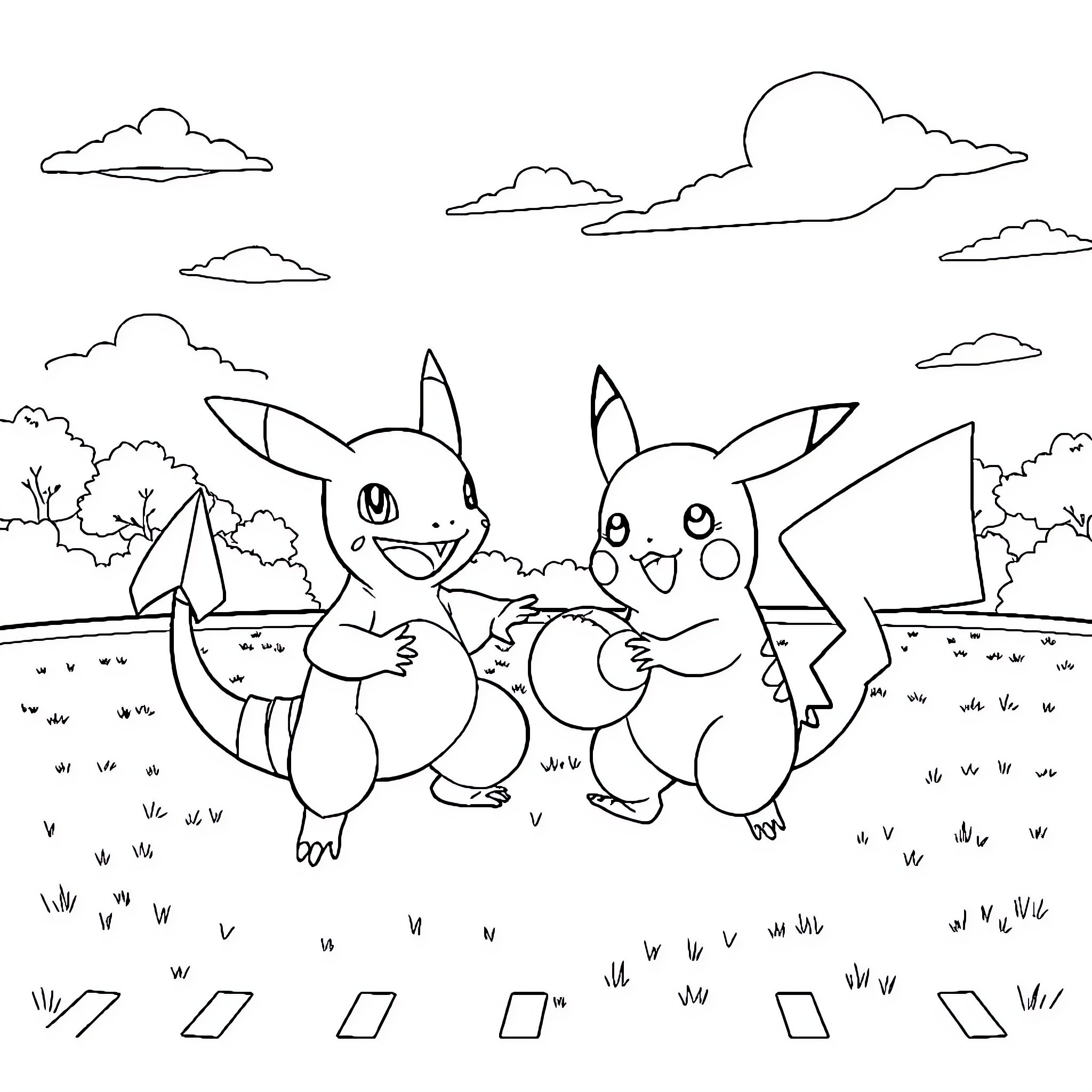 Charmander and Pikachu playing together in the meadow Coloring Page (free black-and-white line drawing printable PDF for all, from beginners to advanced learners, including children, teens, adults, and seniors)