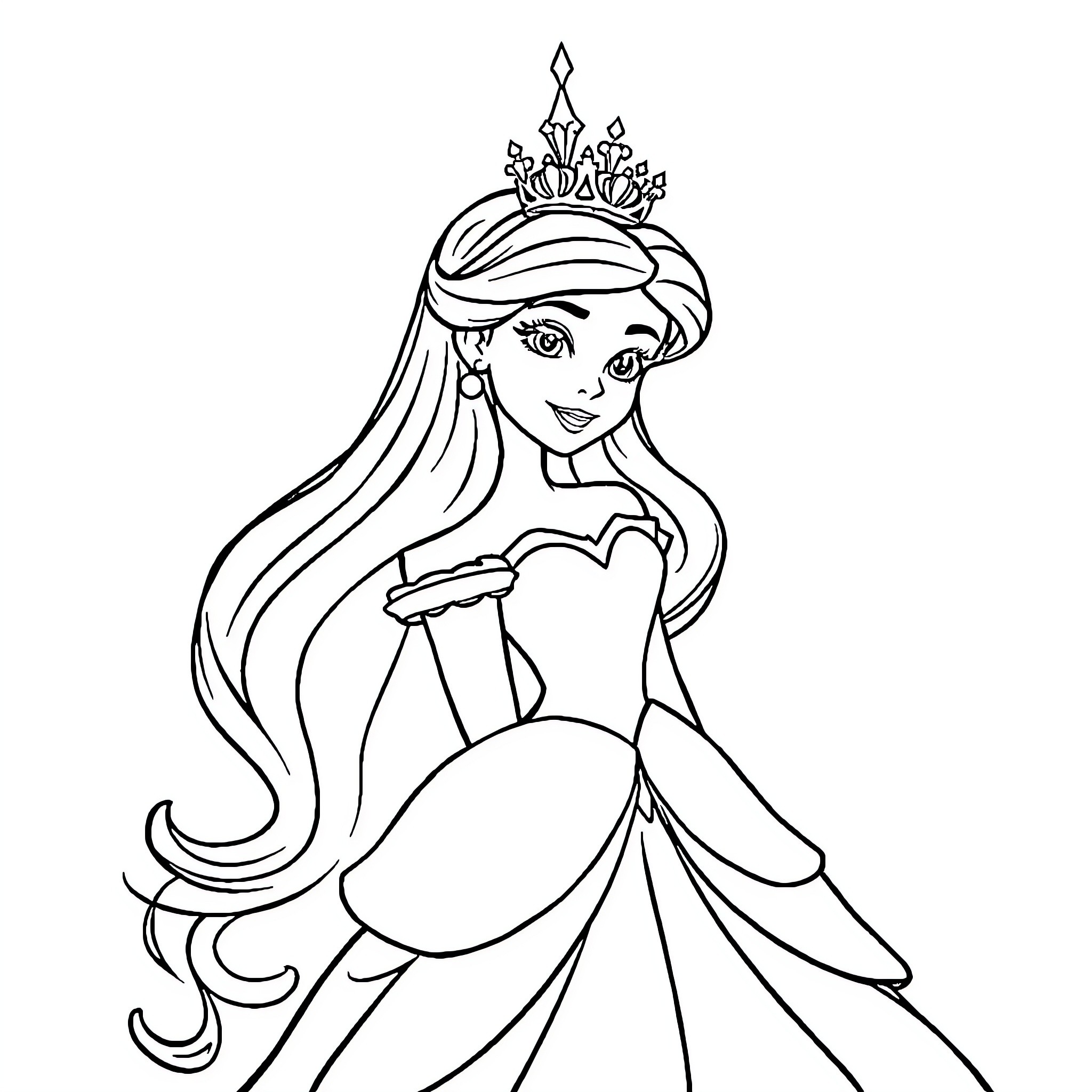 Disney Princess with long flowing hair and crown Coloring Page (free black-and-white line drawing printable PDF for all, from beginners to advanced learners, including children, teens, adults, and seniors)