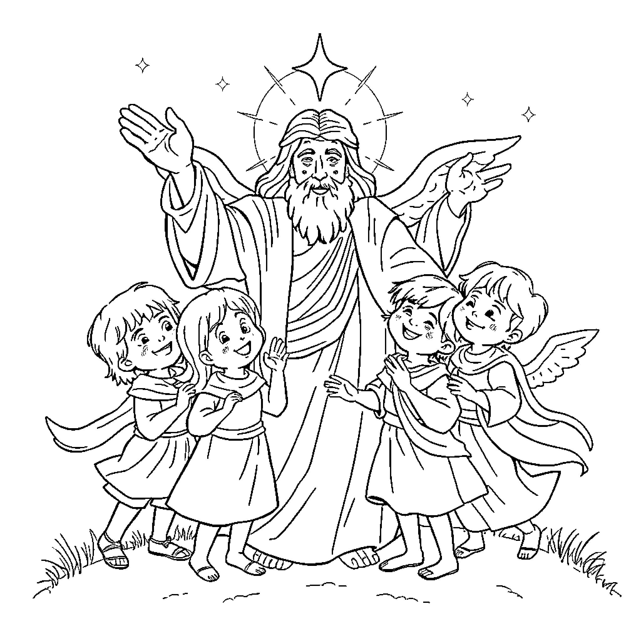 God Blesses the Children with Angels Coloring Page (free black-and-white line drawing printable PDF for all, from beginners to advanced learners, including children, teens, adults, and seniors)