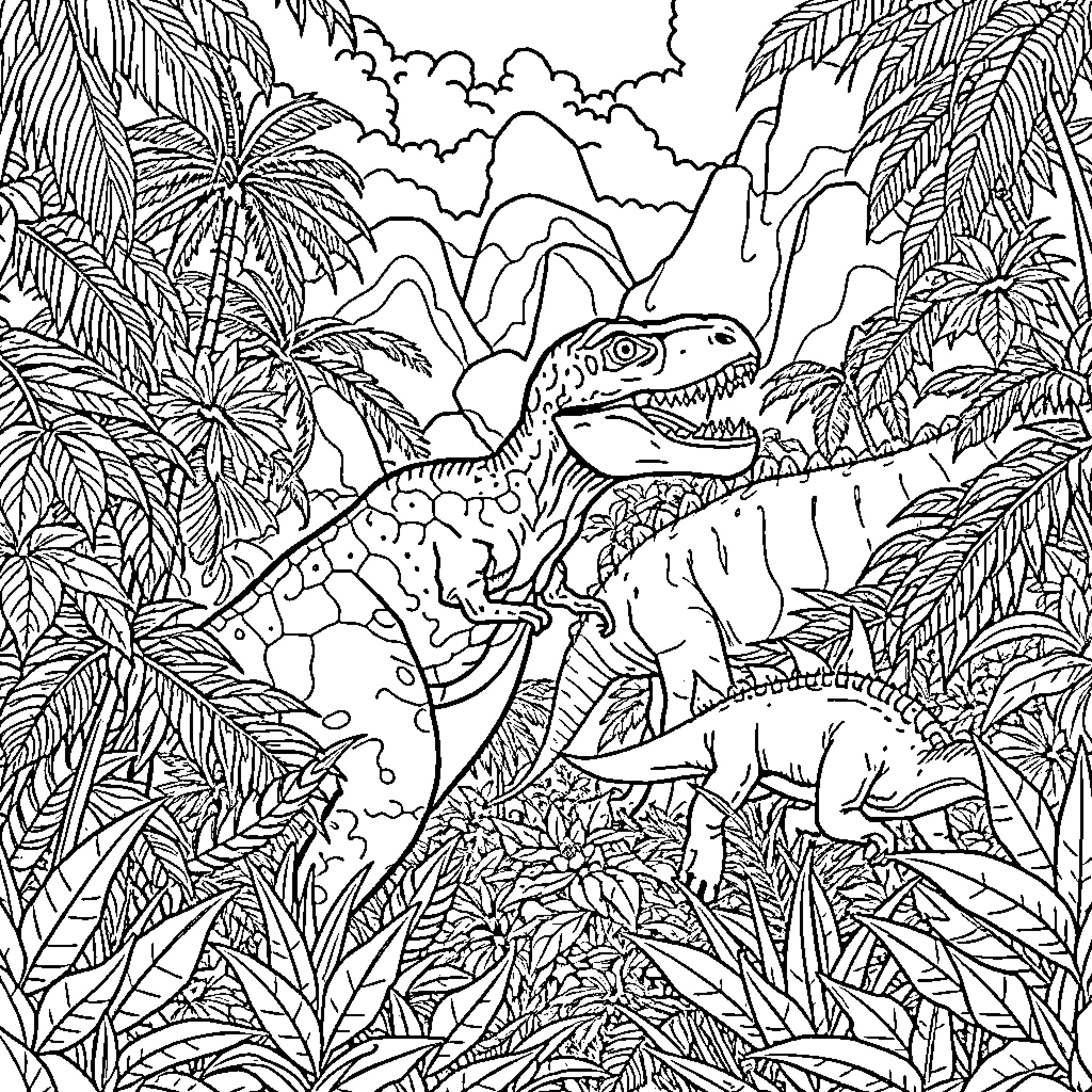 Dinosaurs roaming in the lush prehistoric jungle Coloring Page (free black-and-white line drawing printable PDF for all, from beginners to advanced learners, including children, teens, adults, and seniors)