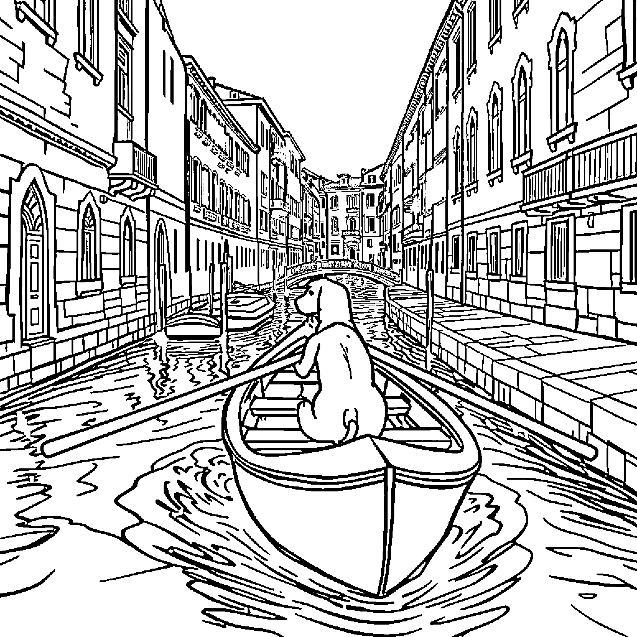 Whippet relaxing in a Venetian gondola Coloring Page (free black-and-white line drawing printable PDF for all, from beginners to advanced learners, including children, teens, adults, and seniors)