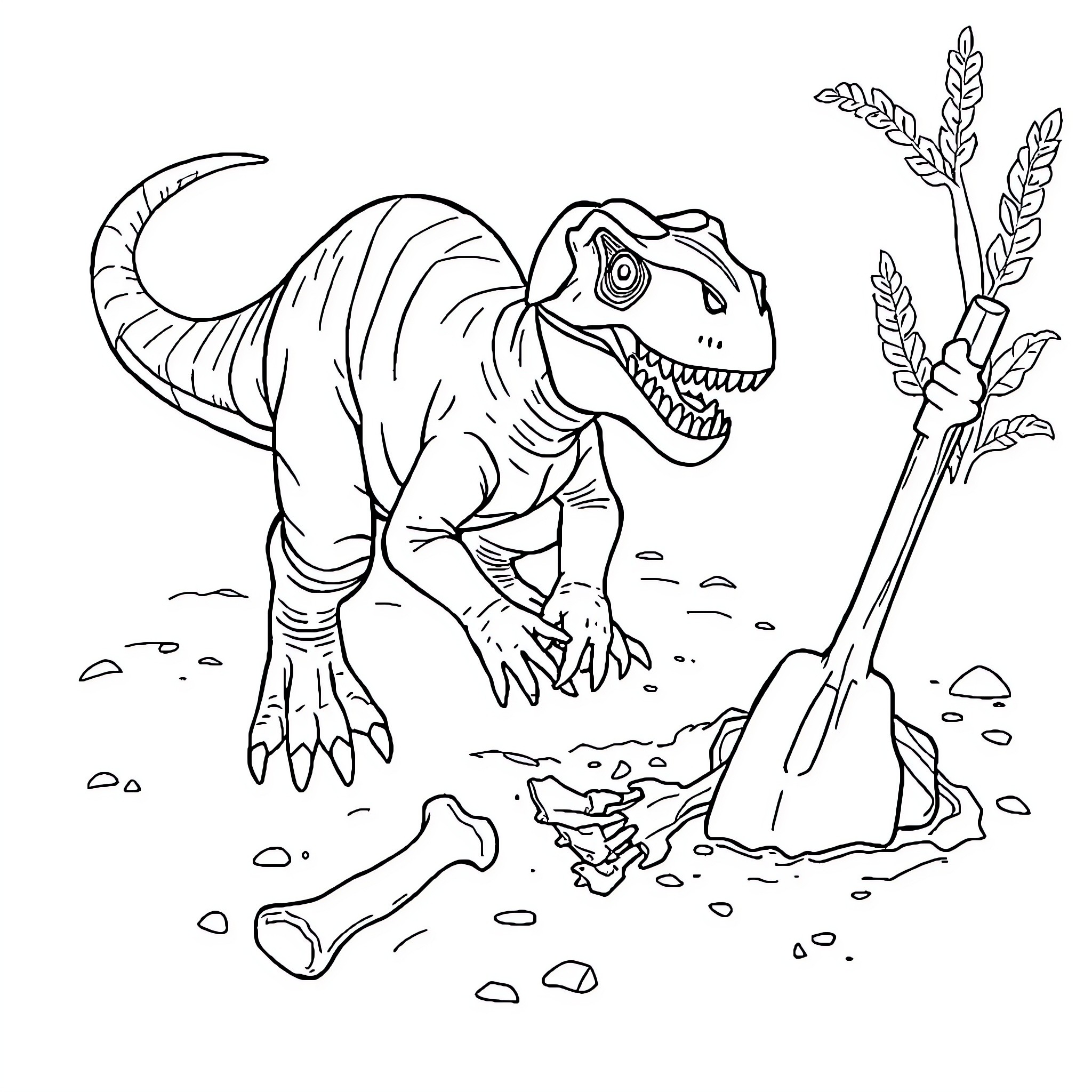 Dinosaur Hunting for Fossils in Prehistoric Landscape Coloring Page (free black-and-white line drawing printable PDF for all, from beginners to advanced learners, including children, teens, adults, and seniors)