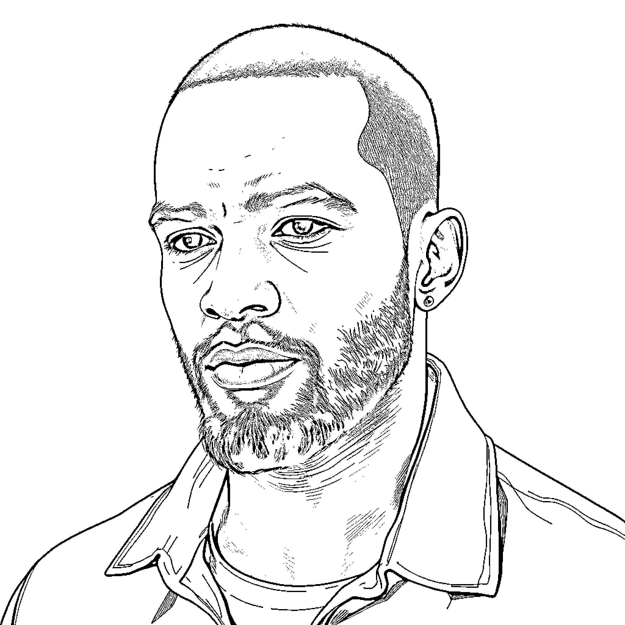Photo of a man with a beard looking directly at the viewer Coloring Page (free black-and-white line drawing printable PDF for all, from beginners to advanced learners, including children, teens, adults, and seniors)